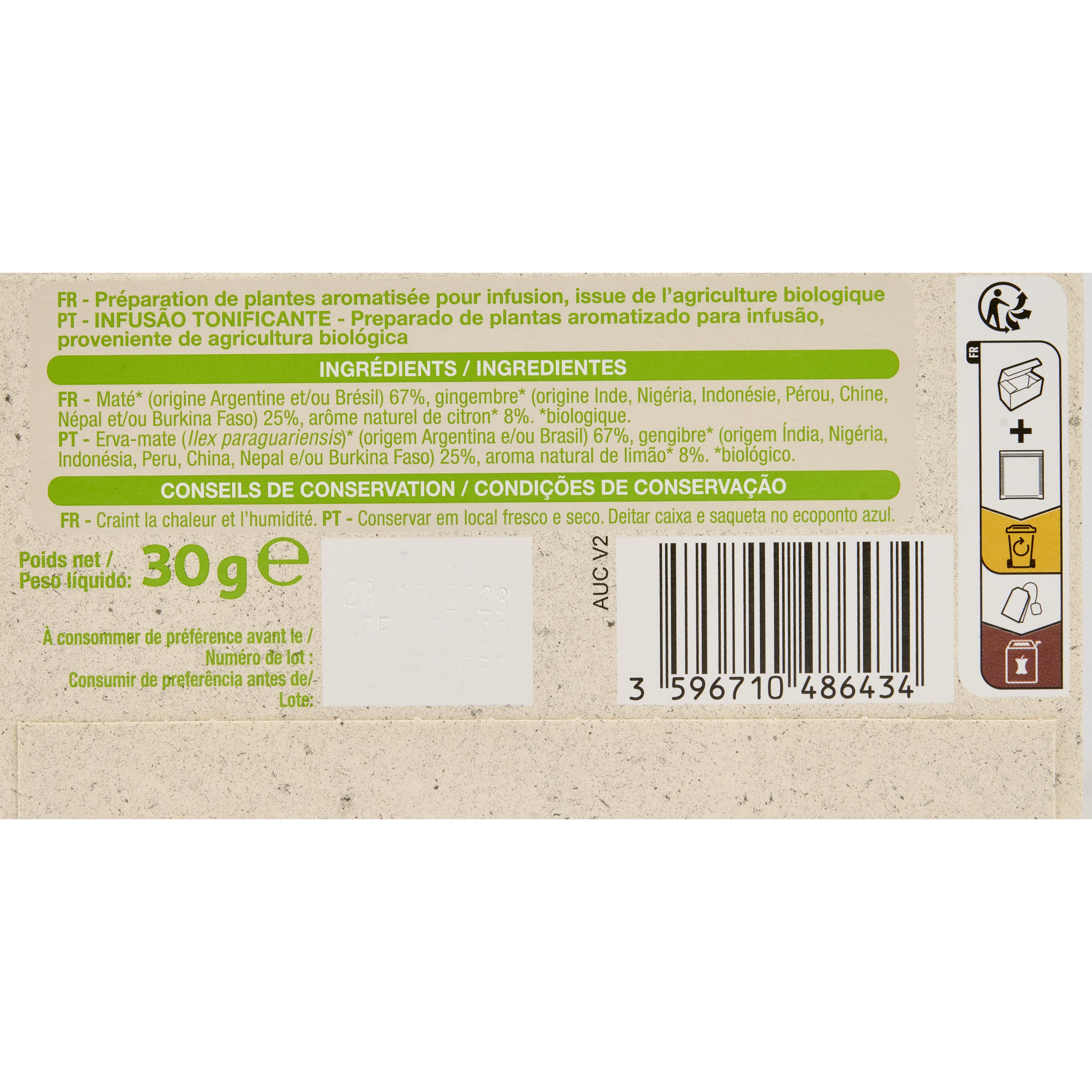 Voir la diapositive 3 : AUCHAN BIO Infusion tonifiante maté et gingembre 20 sachets 30g