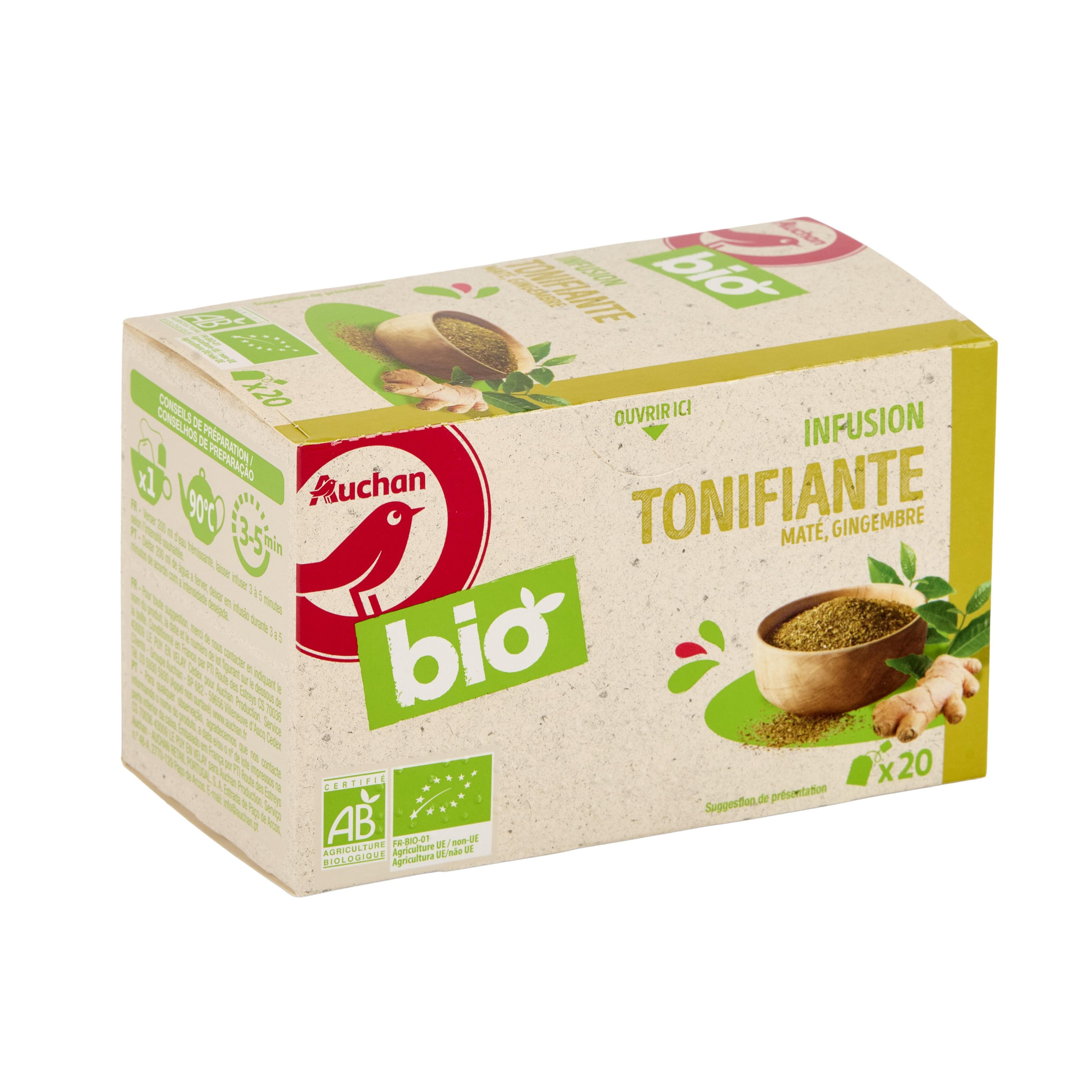 Voir la diapositive 4 : AUCHAN BIO Infusion tonifiante maté et gingembre 20 sachets 30g
