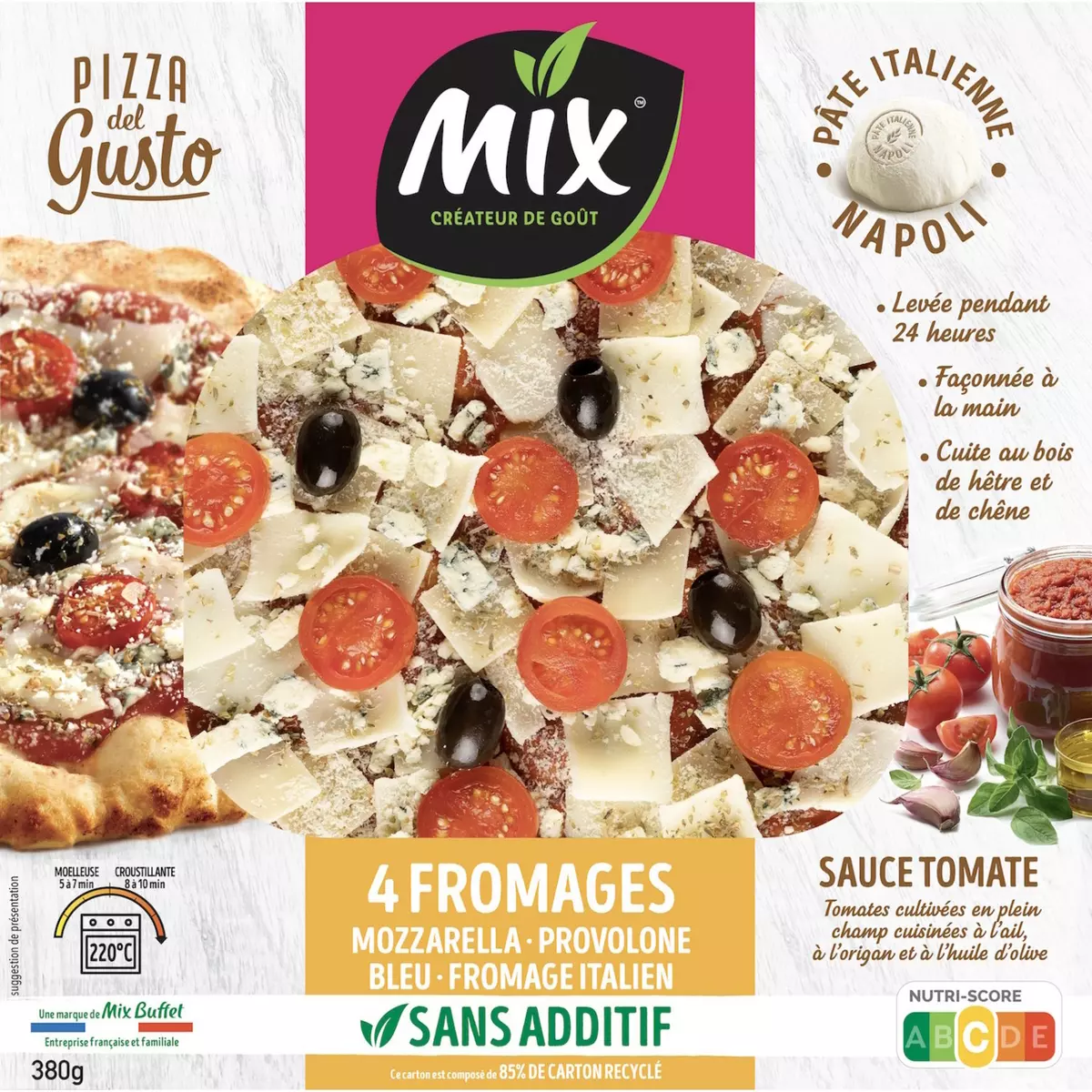 MIX Pizza del gusto 4 fromages mozzarella provolone bleu fromage italien sauce tomate à partager 380g