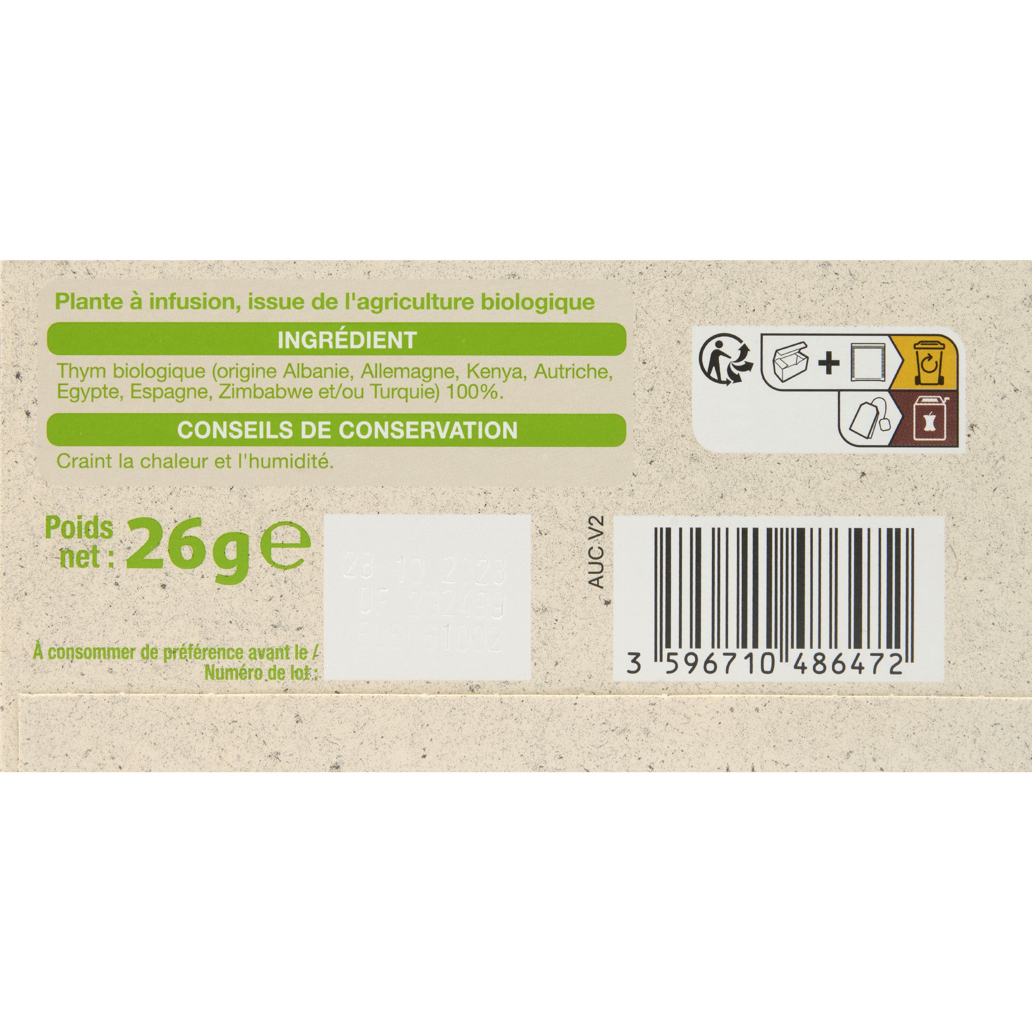 Voir la diapositive 2 : AUCHAN BIO Infusion thym 20 sachets 26g