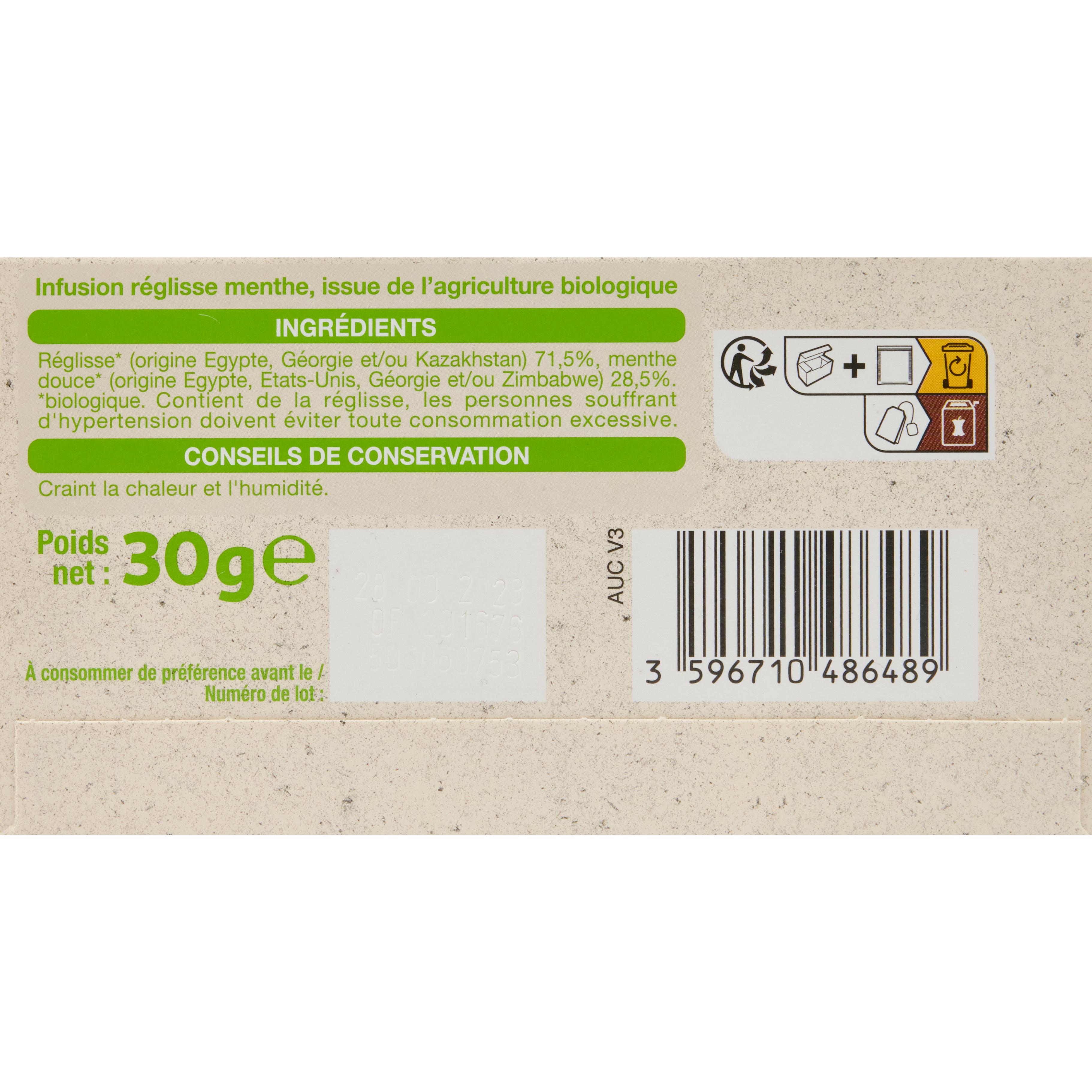 Voir la diapositive 2 : AUCHAN BIO Infusion réglisse menthe 20 sachets 30g