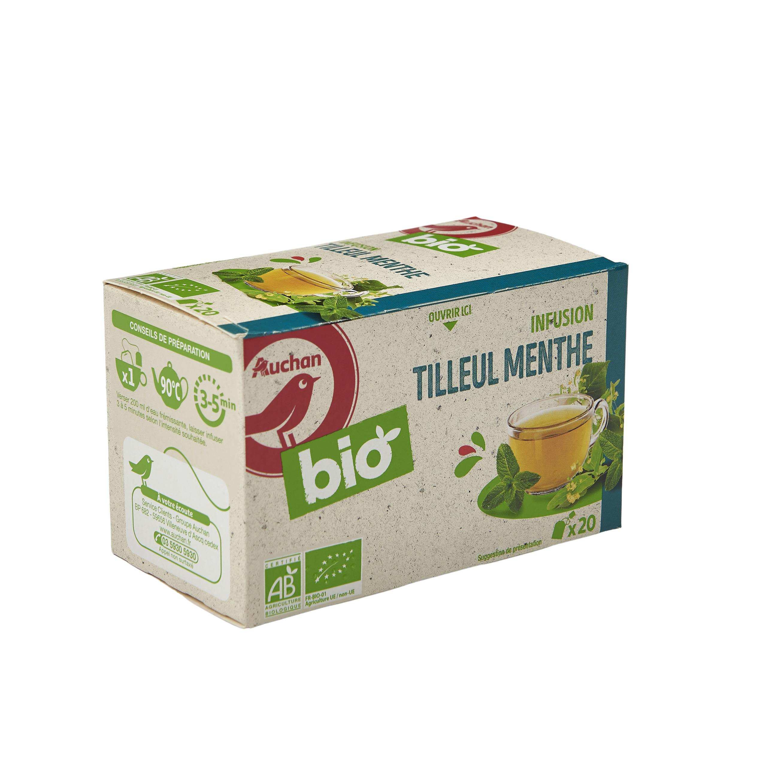 Voir la diapositive 2 : AUCHAN BIO Infusion tilleul menthe 20 sachets 30g