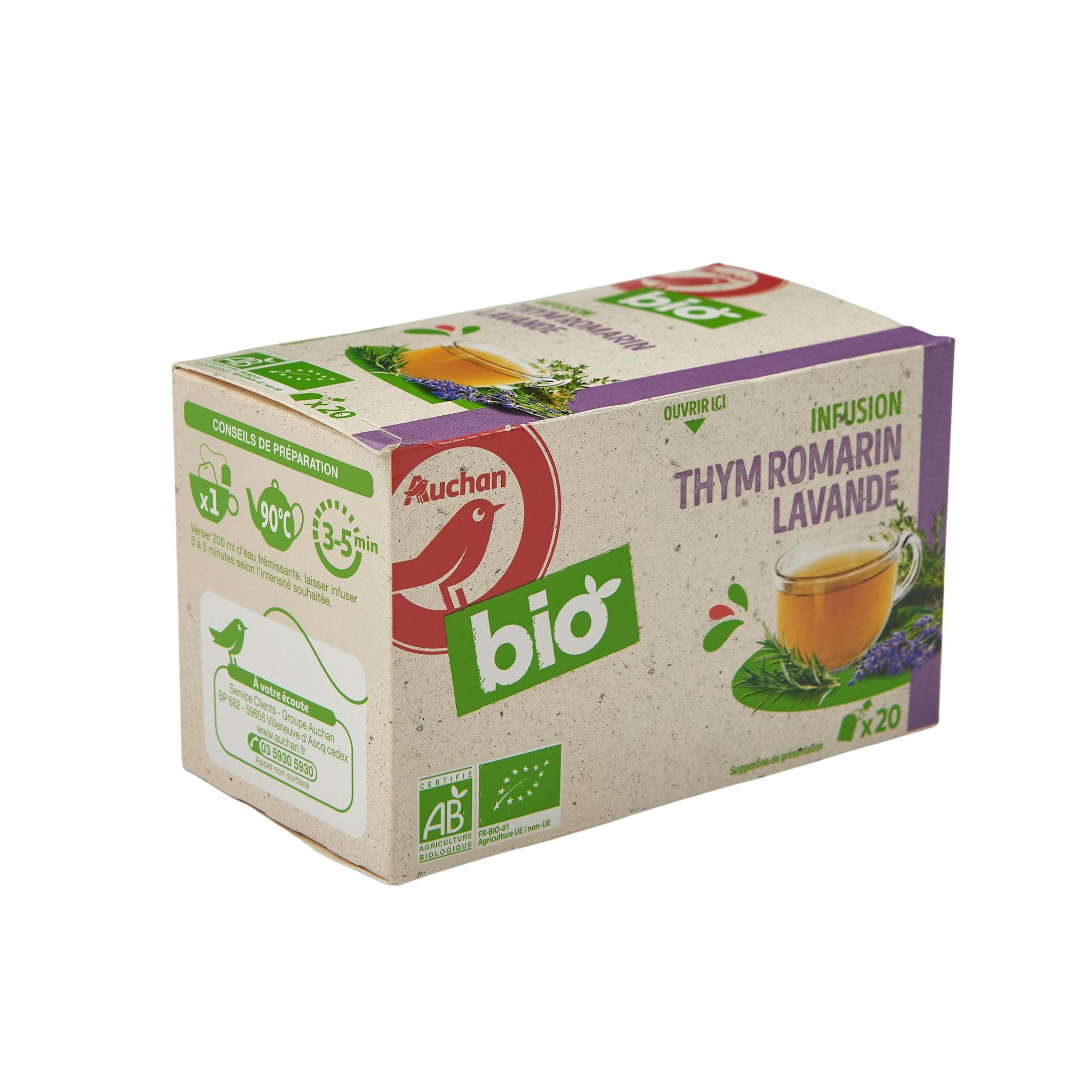 Voir la diapositive 2 : AUCHAN BIO Infusion thym romarin lavande 20 sachets 30g
