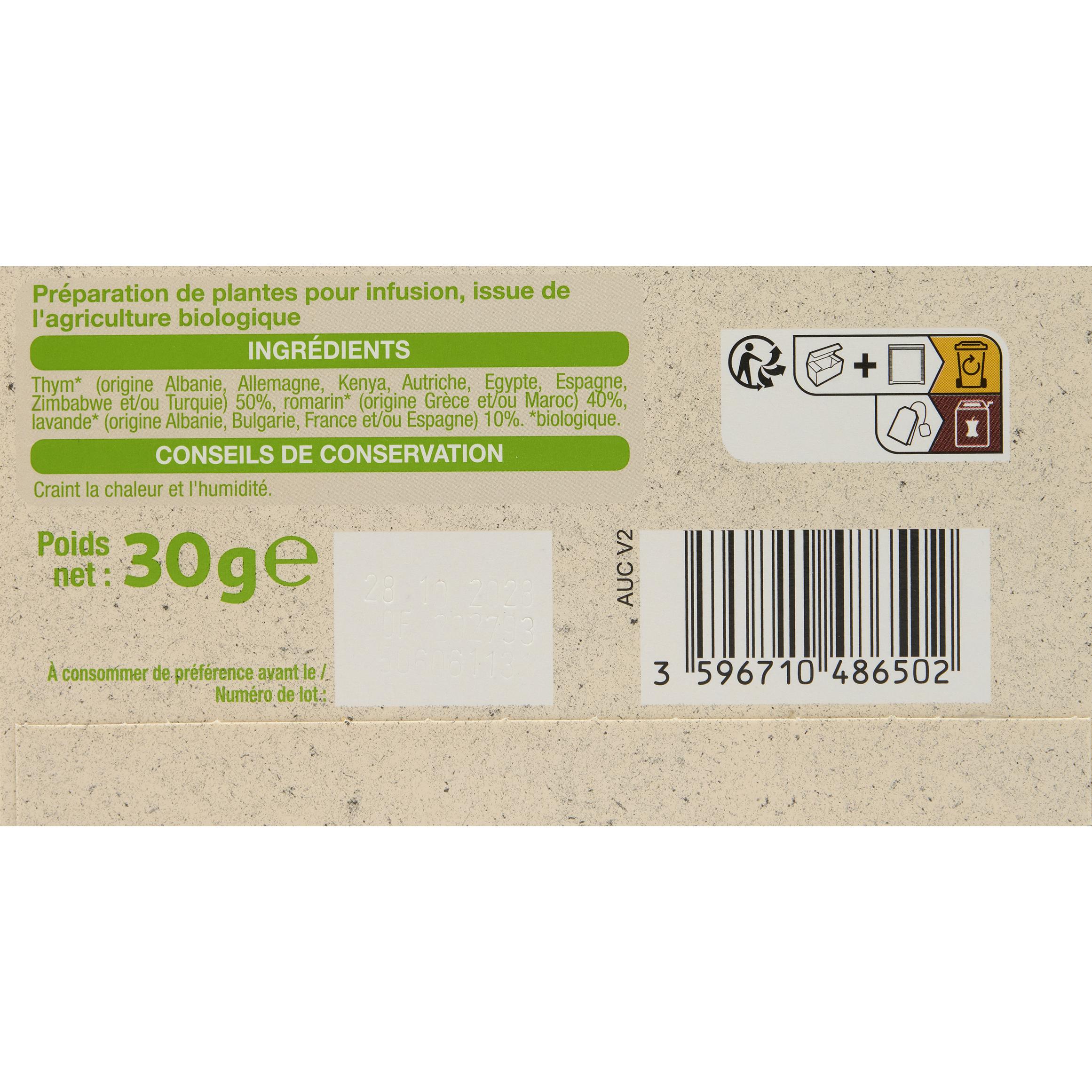 Voir la diapositive 3 : AUCHAN BIO Infusion thym romarin lavande 20 sachets 30g