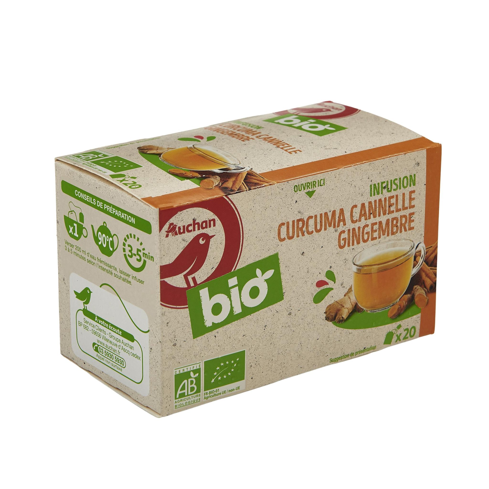 Voir la diapositive 2 : AUCHAN BIO Infusion au curcuma cannelle et gingembre 20 sachets 30g