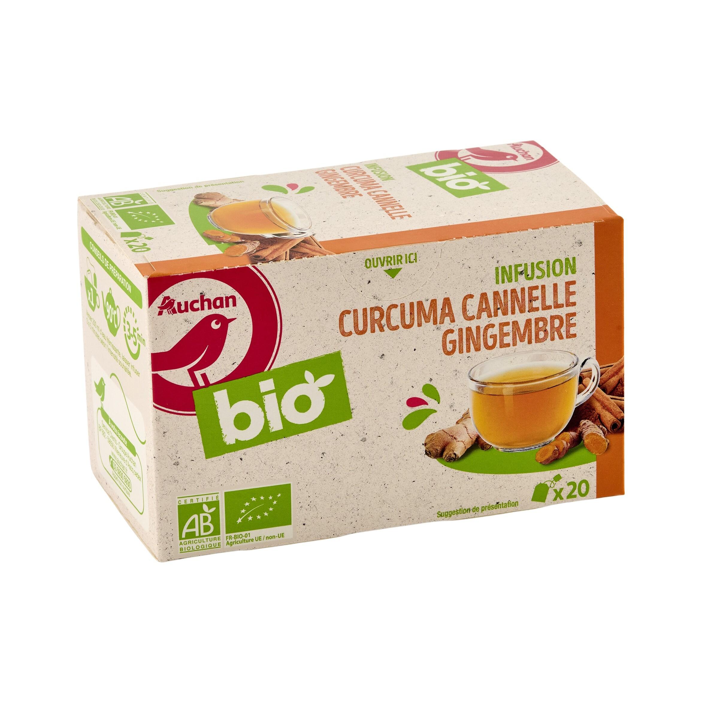 Voir la diapositive 3 : AUCHAN BIO Infusion au curcuma cannelle et gingembre 20 sachets 30g