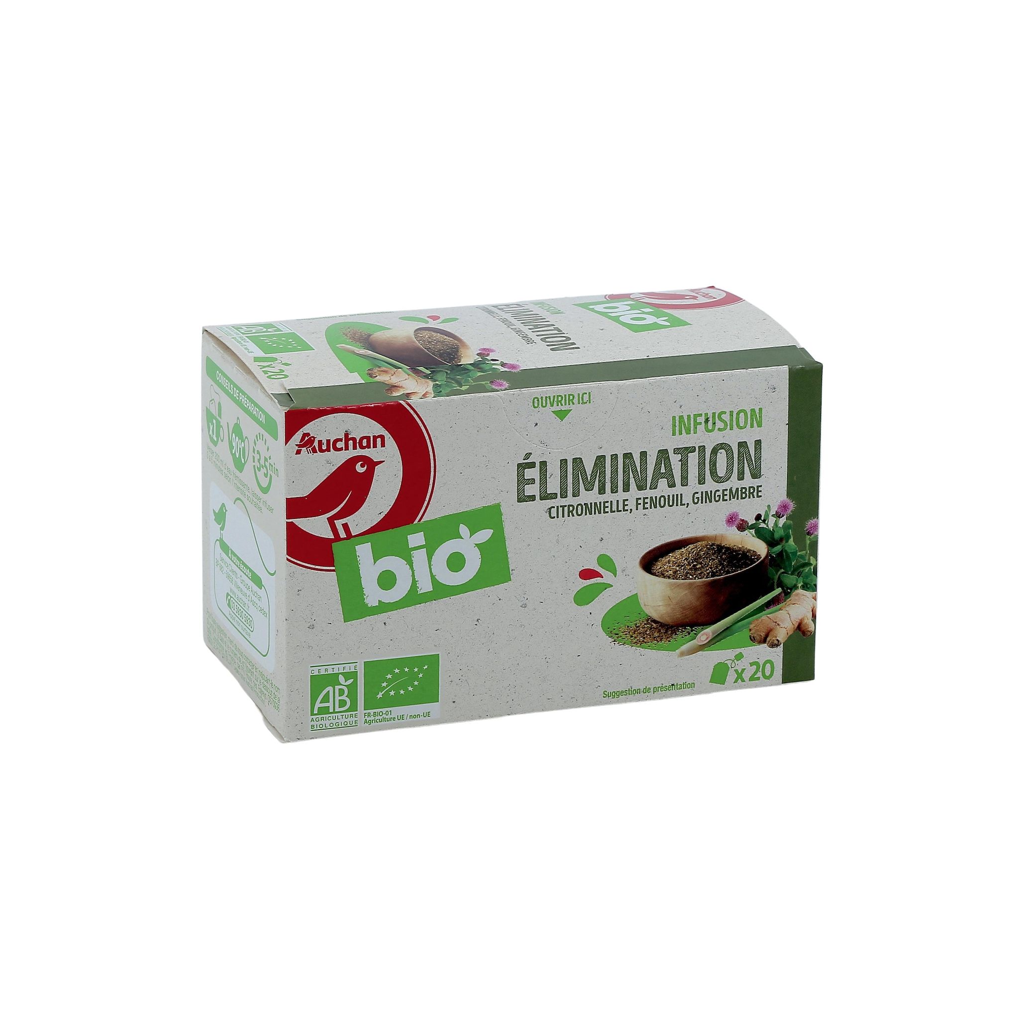 Voir la diapositive 3 : AUCHAN BIO Infusion élimination citronnelle fenouil et gingembre 20 sachets 30g
