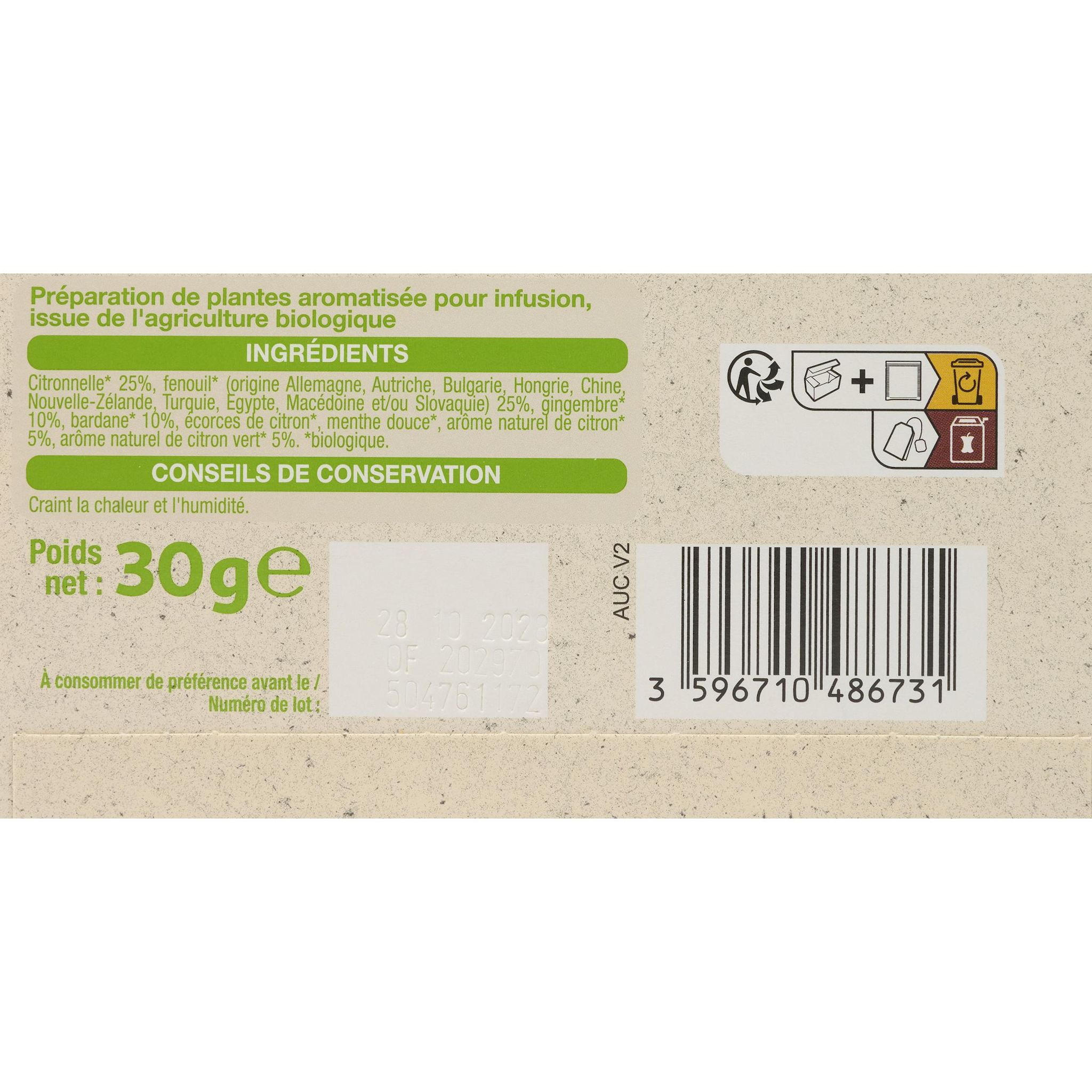 Voir la diapositive 4 : AUCHAN BIO Infusion élimination citronnelle fenouil et gingembre 20 sachets 30g