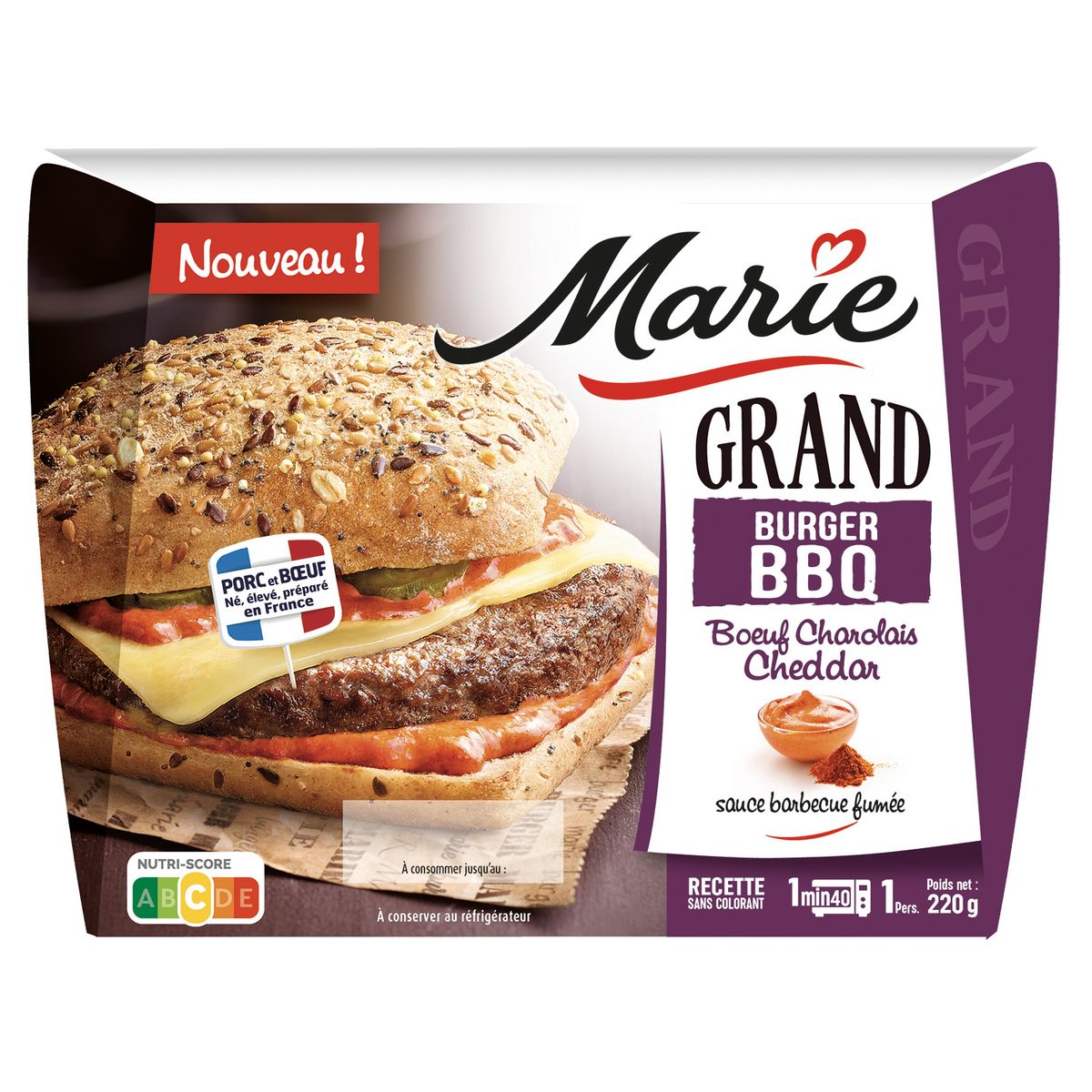 MARIE Grand burger boeuf charolais cheddar et sauce barbecue 1 pièce 220g