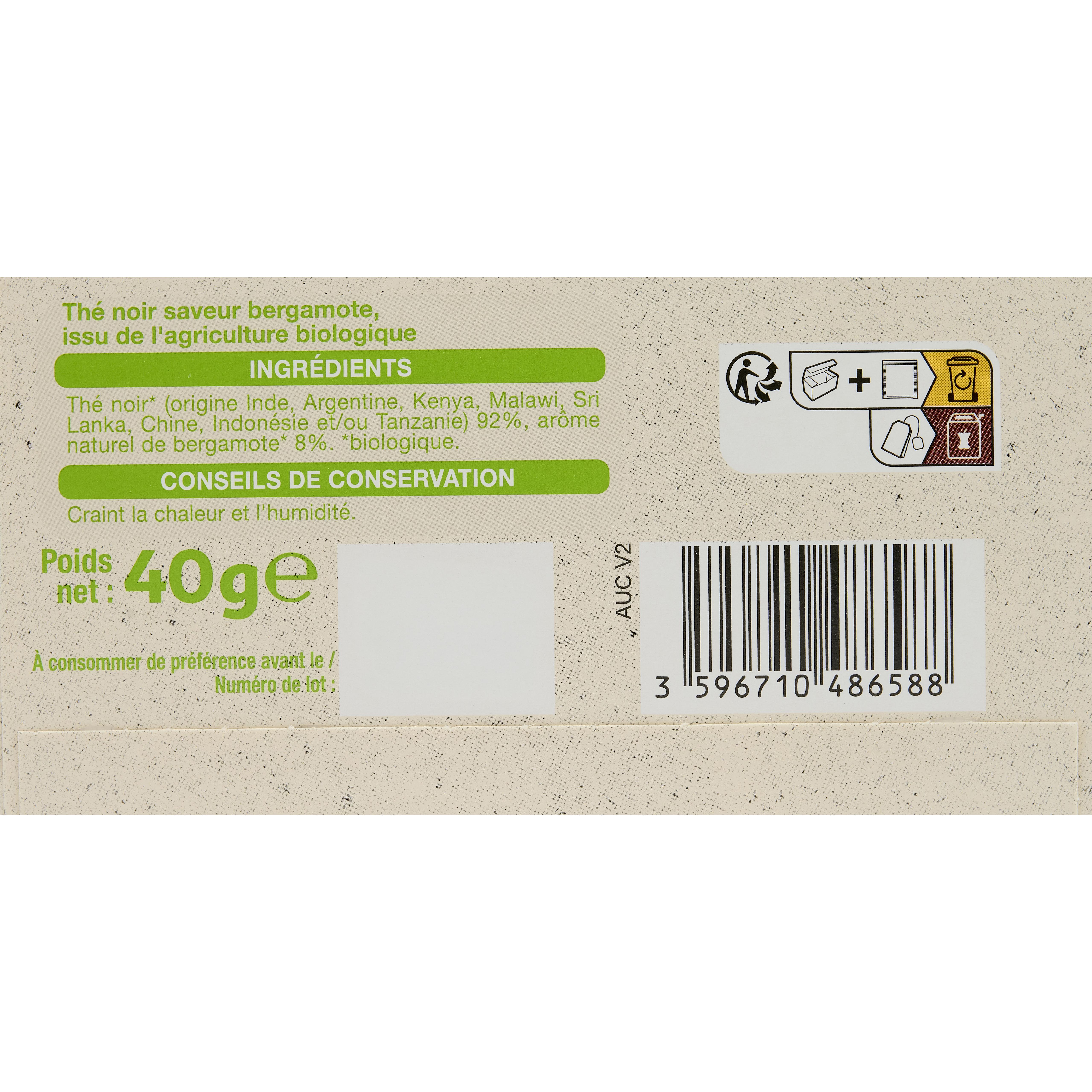 Voir la diapositive 2 : AUCHAN BIO Thé noir Earl Grey saveur bergamote 20 sachets 40g