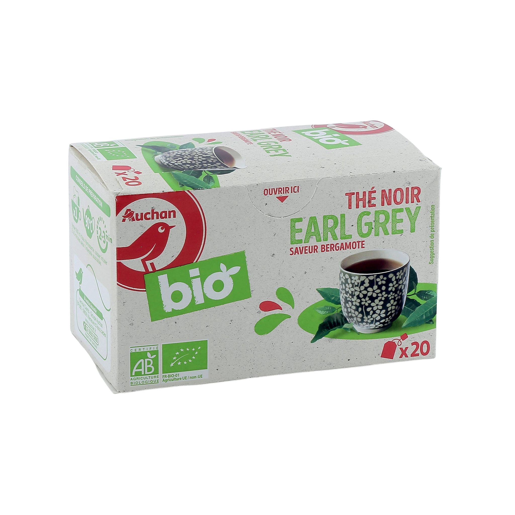 Voir la diapositive 2 : AUCHAN BIO Thé noir Earl Grey saveur bergamote 20 sachets 40g