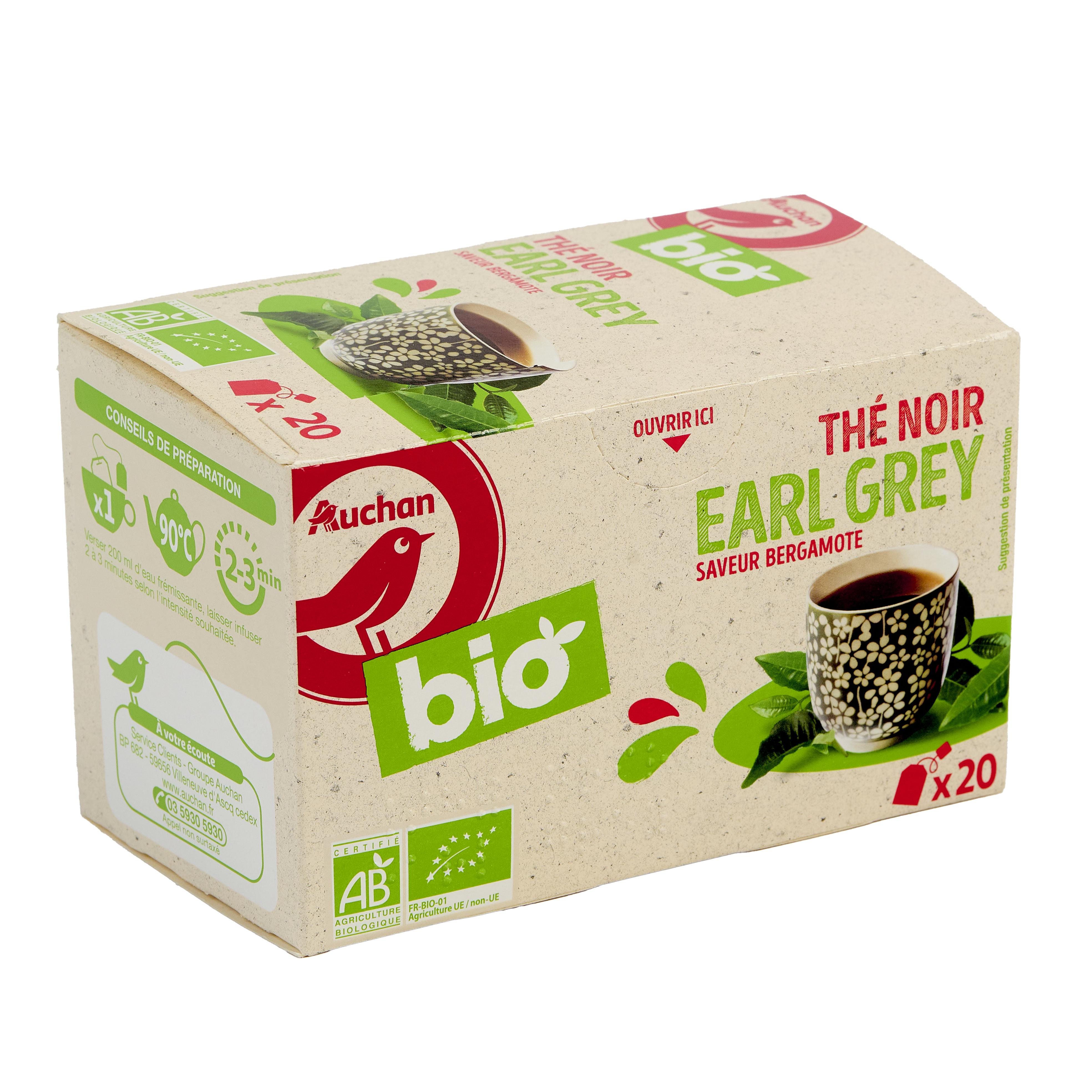 Voir la diapositive 3 : AUCHAN BIO Thé noir Earl Grey saveur bergamote 20 sachets 40g