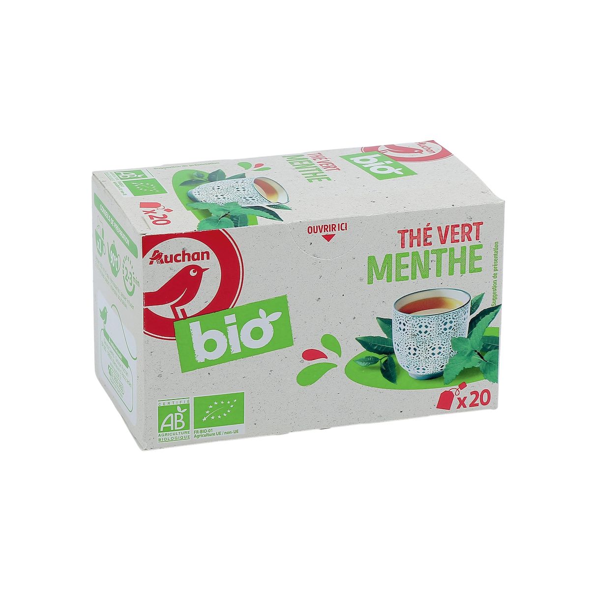 AUCHAN BIO Thé vert à la menthe 20 sachets 40g