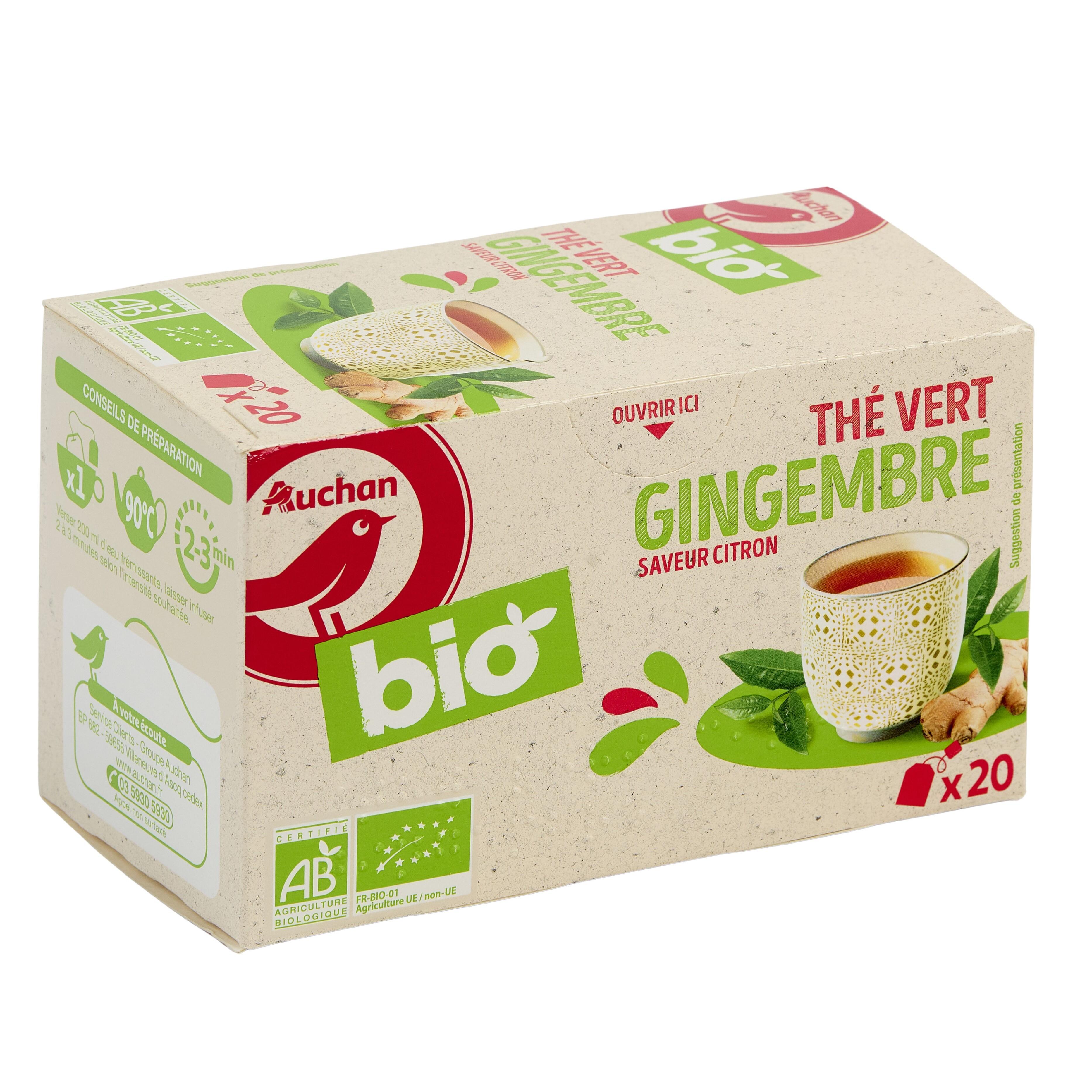 Voir la diapositive 2 : AUCHAN BIO Thé vert gingembre saveur citron 20 sachets 36g