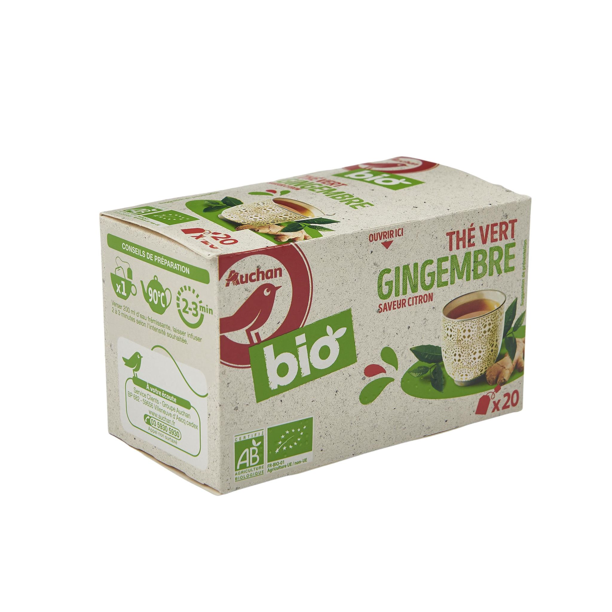 Voir la diapositive 2 : AUCHAN BIO Thé vert gingembre saveur citron 20 sachets 36g