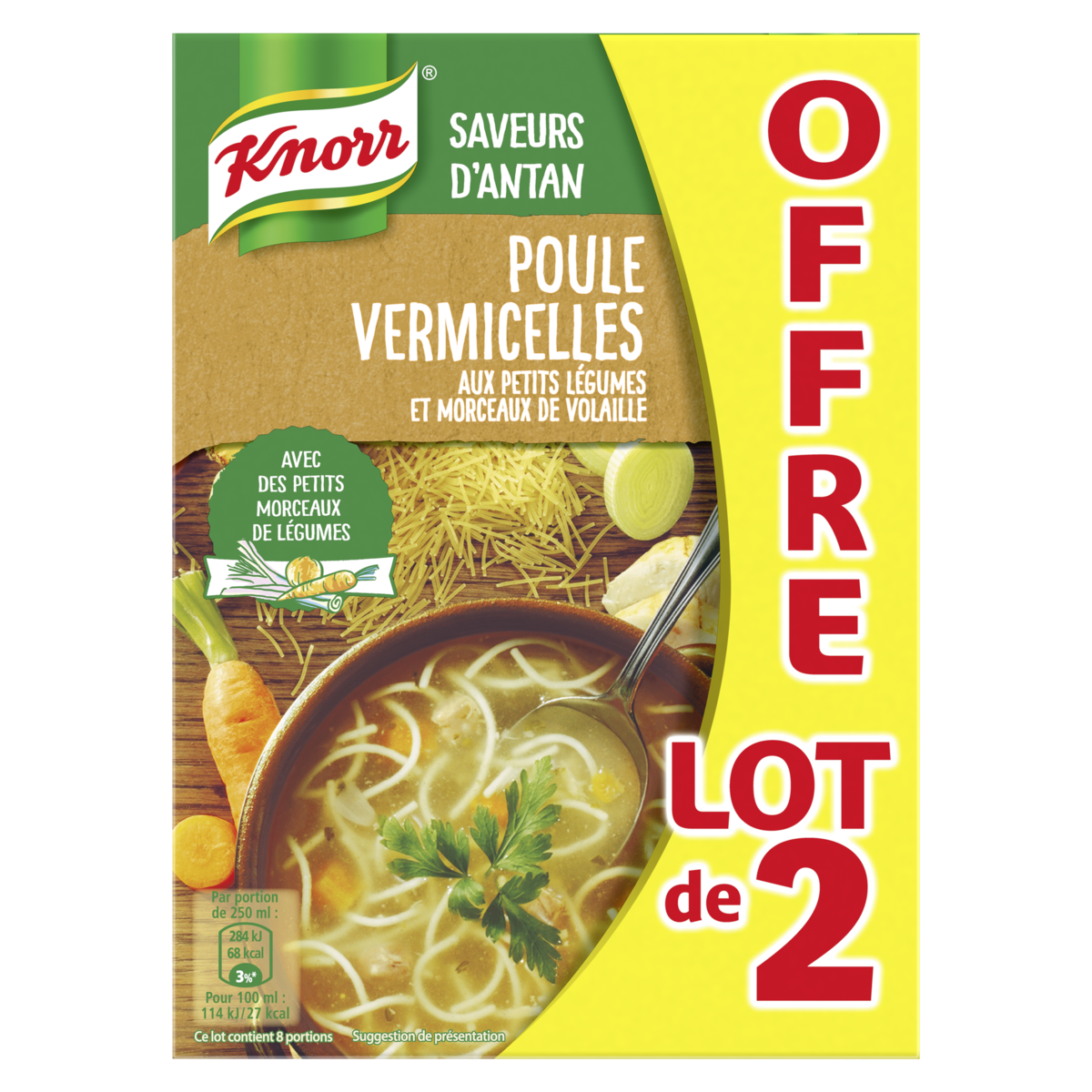 KNORR Saveurs d'antan Potage poule vermicelles aux petits morceaux de légumes et volaille 2x1l