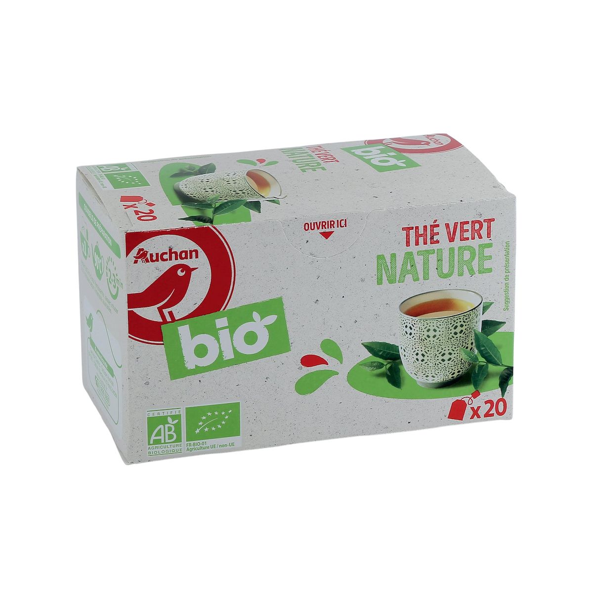 AUCHAN BIO Thé vert nature 20 sachets 36g