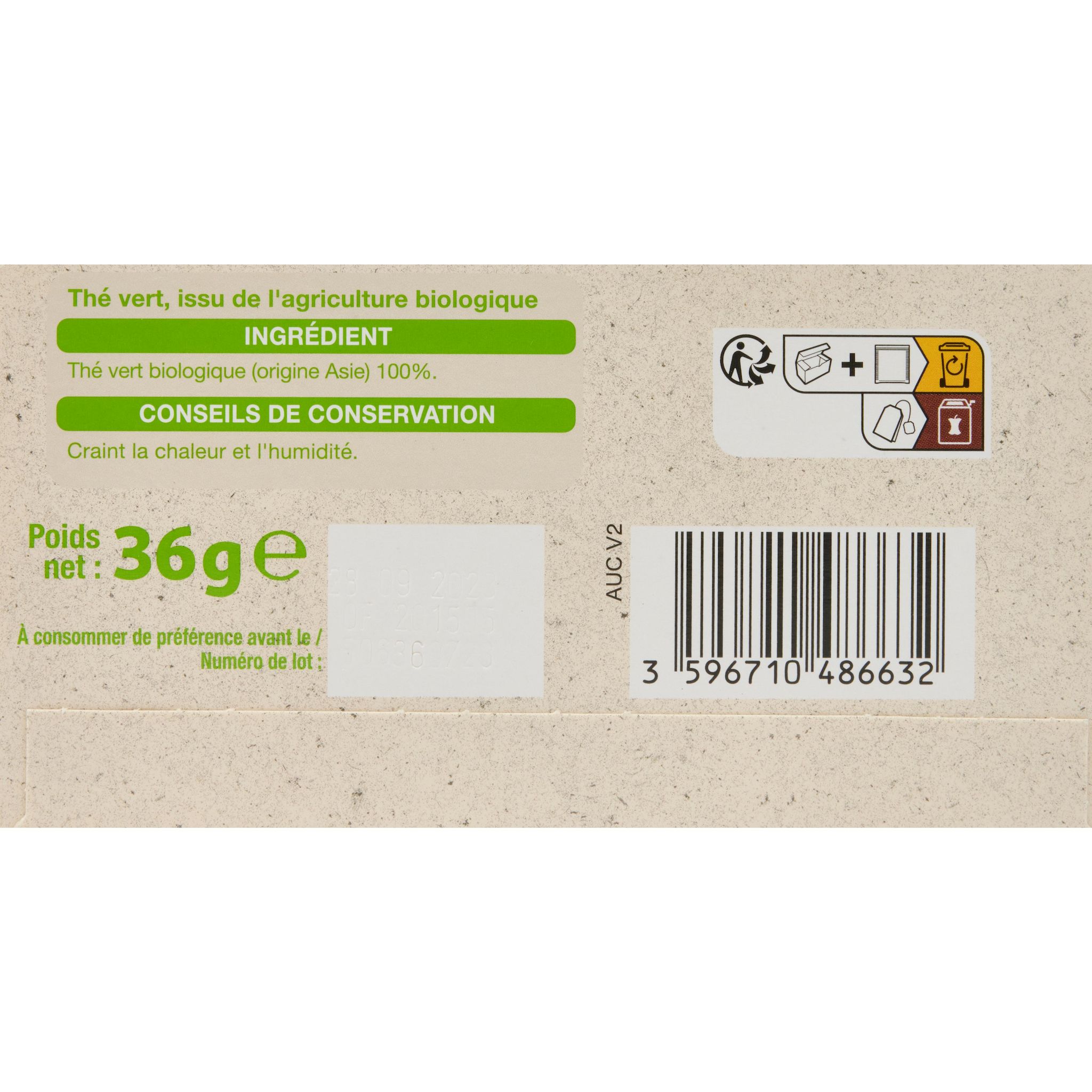 Voir la diapositive 3 : AUCHAN BIO Thé vert nature 20 sachets 36g