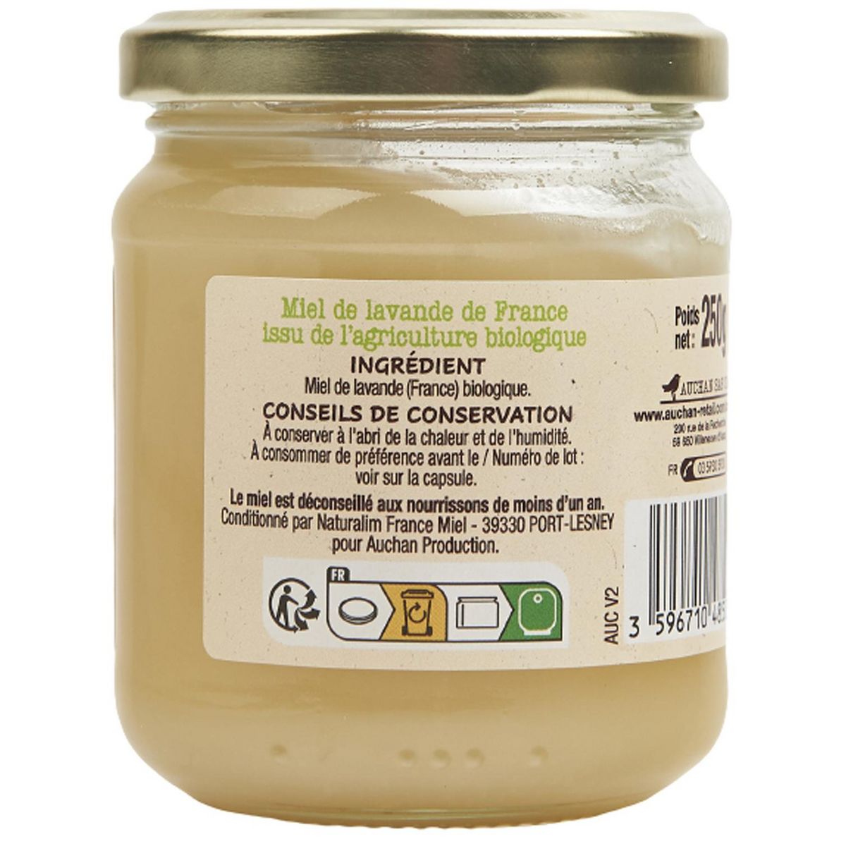 AUCHAN BIO CULTIVONS LE BON Miel crémeux de lavande en bocal 250g