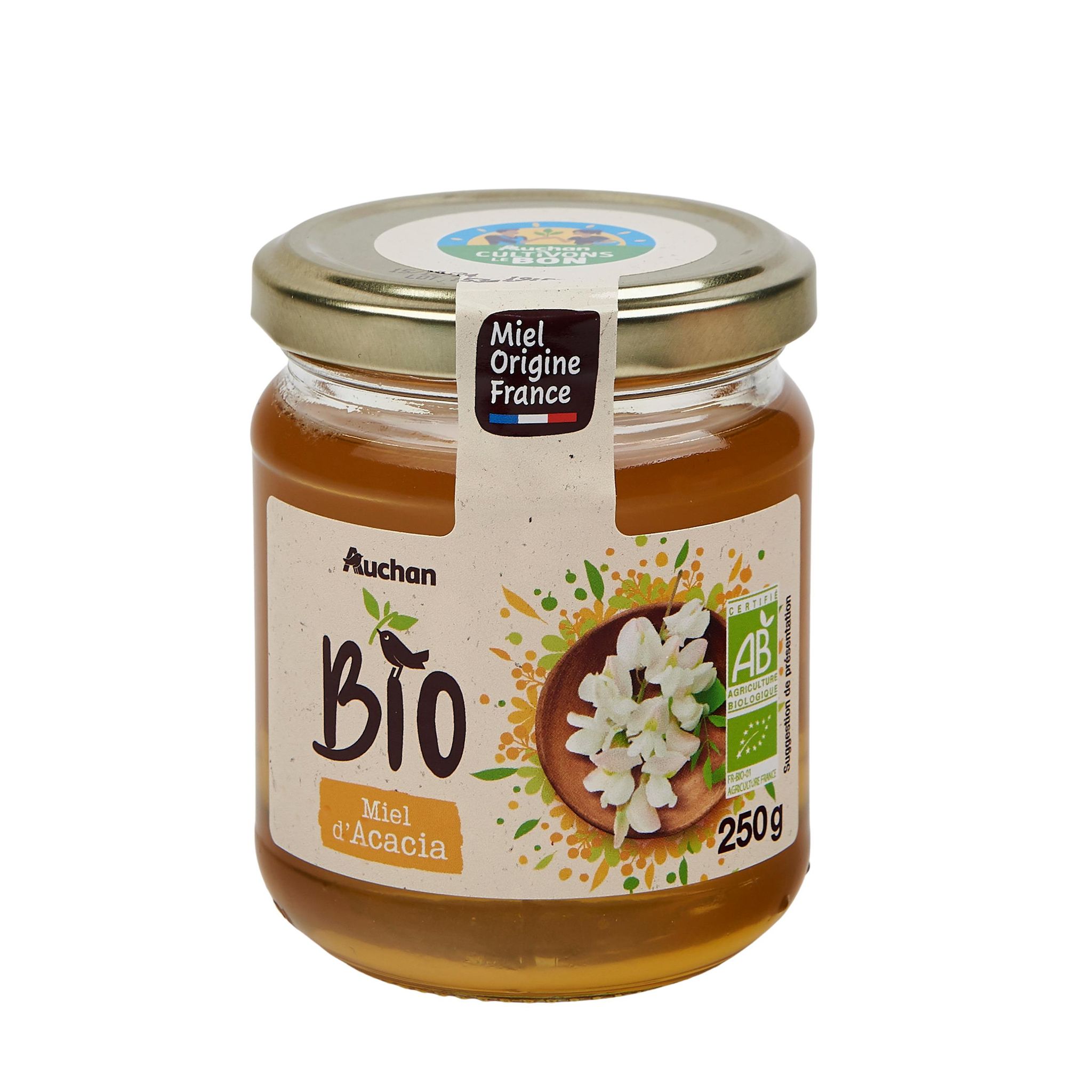 Voir la diapositive 3 : AUCHAN BIO CULTIVONS LE BON Miel liquide d'Acacia 250g