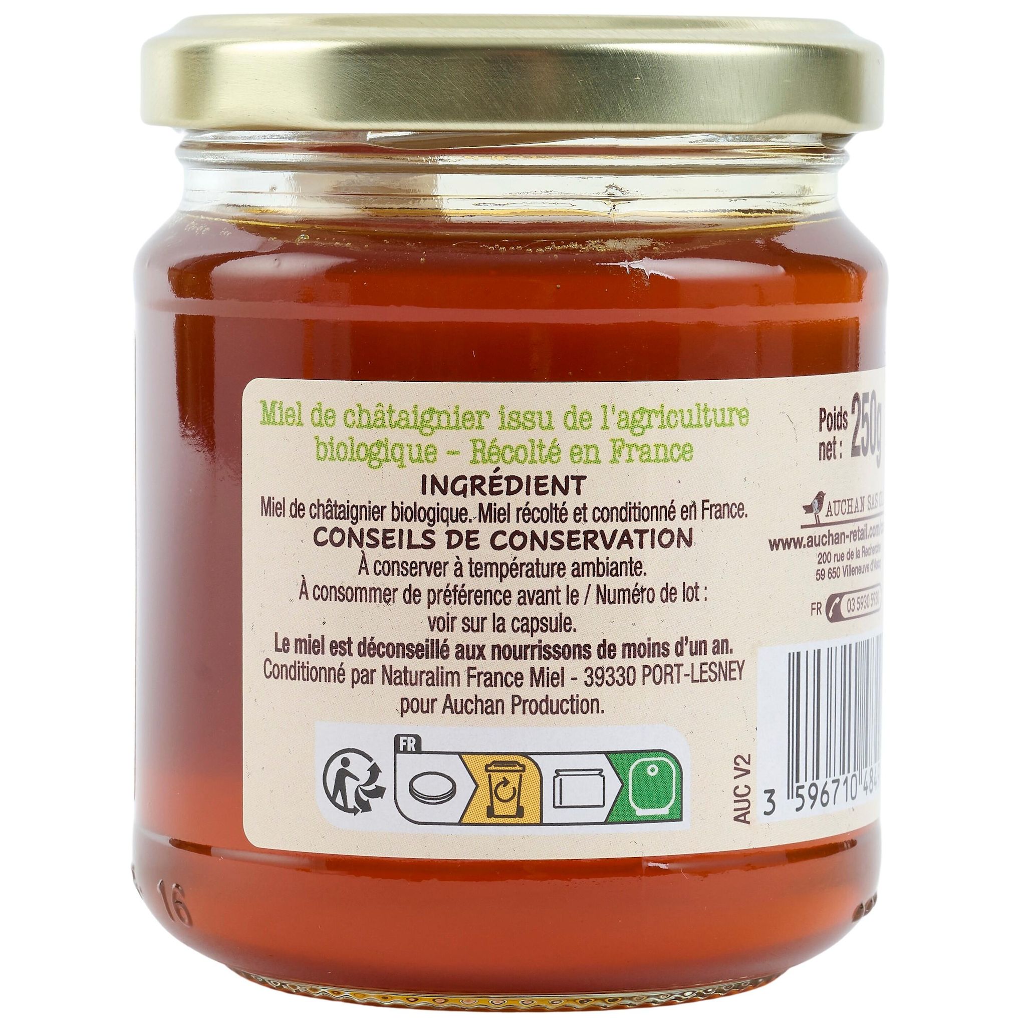 Voir la diapositive 5 : AUCHAN BIO CULTIVONS LE BON Miel liquide de châtaignier 250g