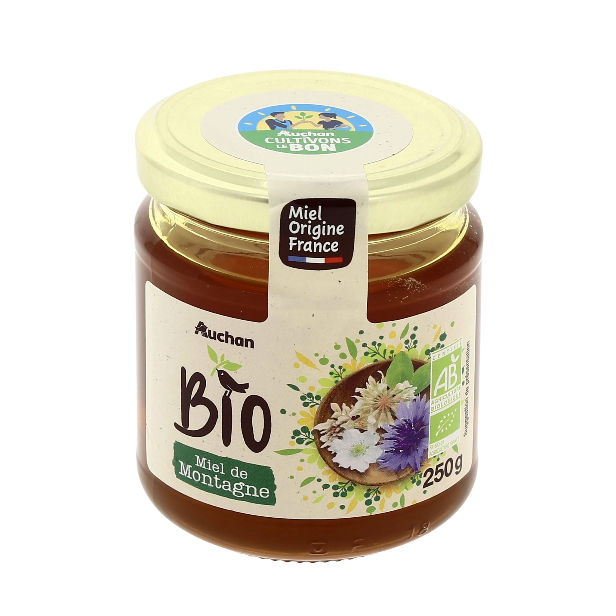 Voir la diapositive 2 : AUCHAN BIO CULTIVONS LE BON Miel liquide de montagne 250g