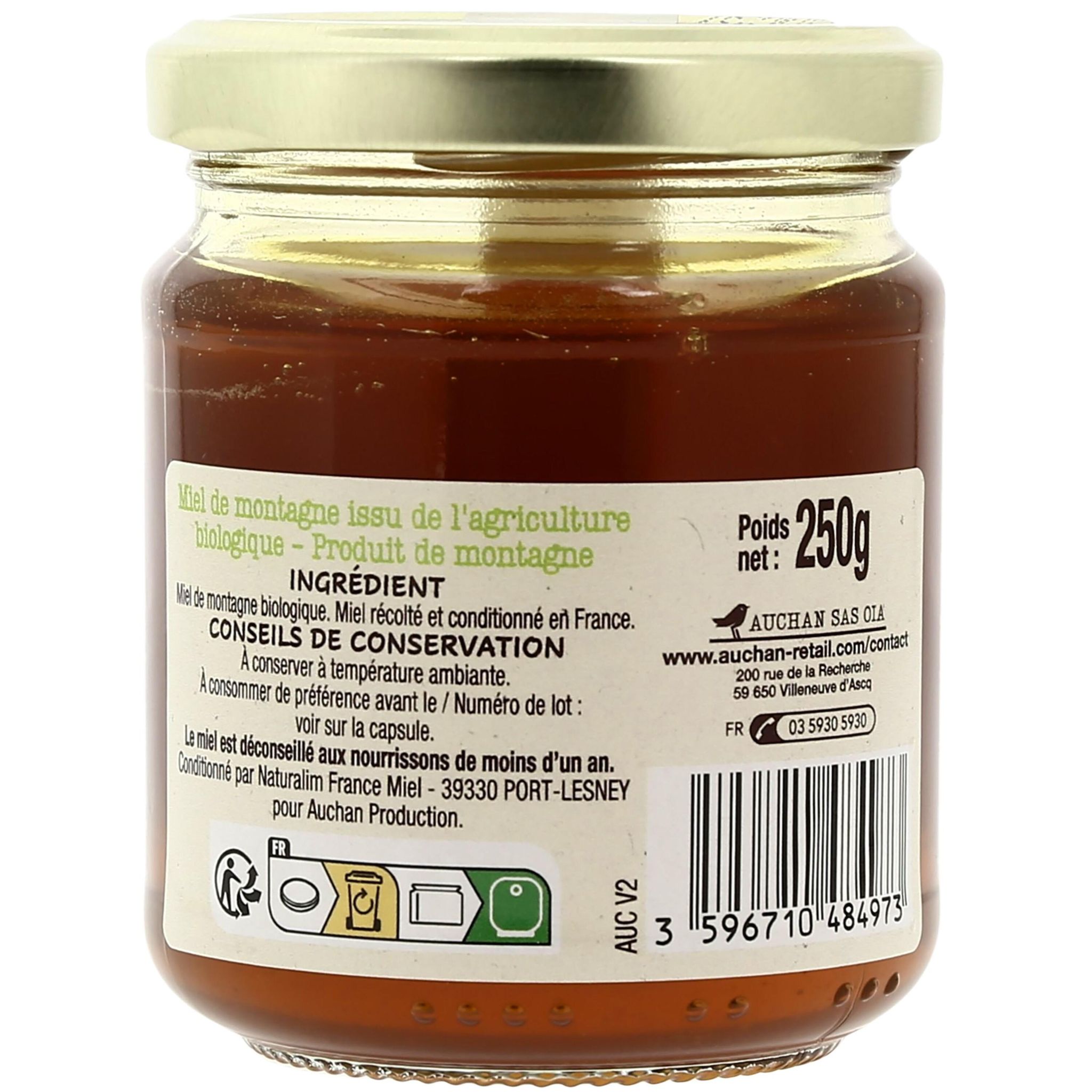 Voir la diapositive 3 : AUCHAN BIO CULTIVONS LE BON Miel liquide de montagne 250g