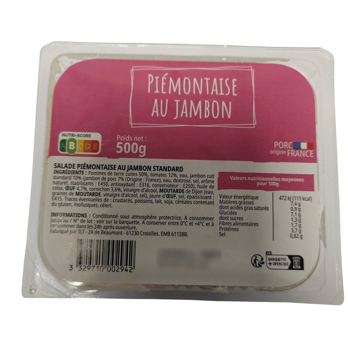 Salade piémontaise au jambon standard 500g