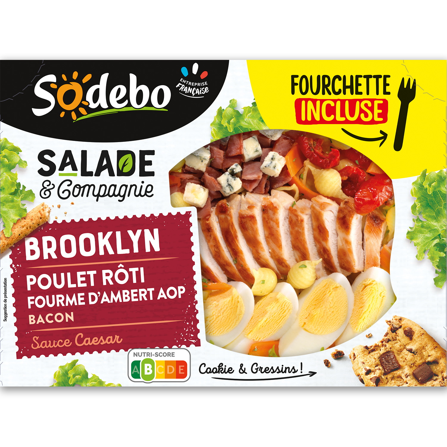 Voir la diapositive 2 : SODEBO Salade et Compagnie Brooklyn pâtes poulet fourme d'Ambert AOP et bacon 1 part 320g