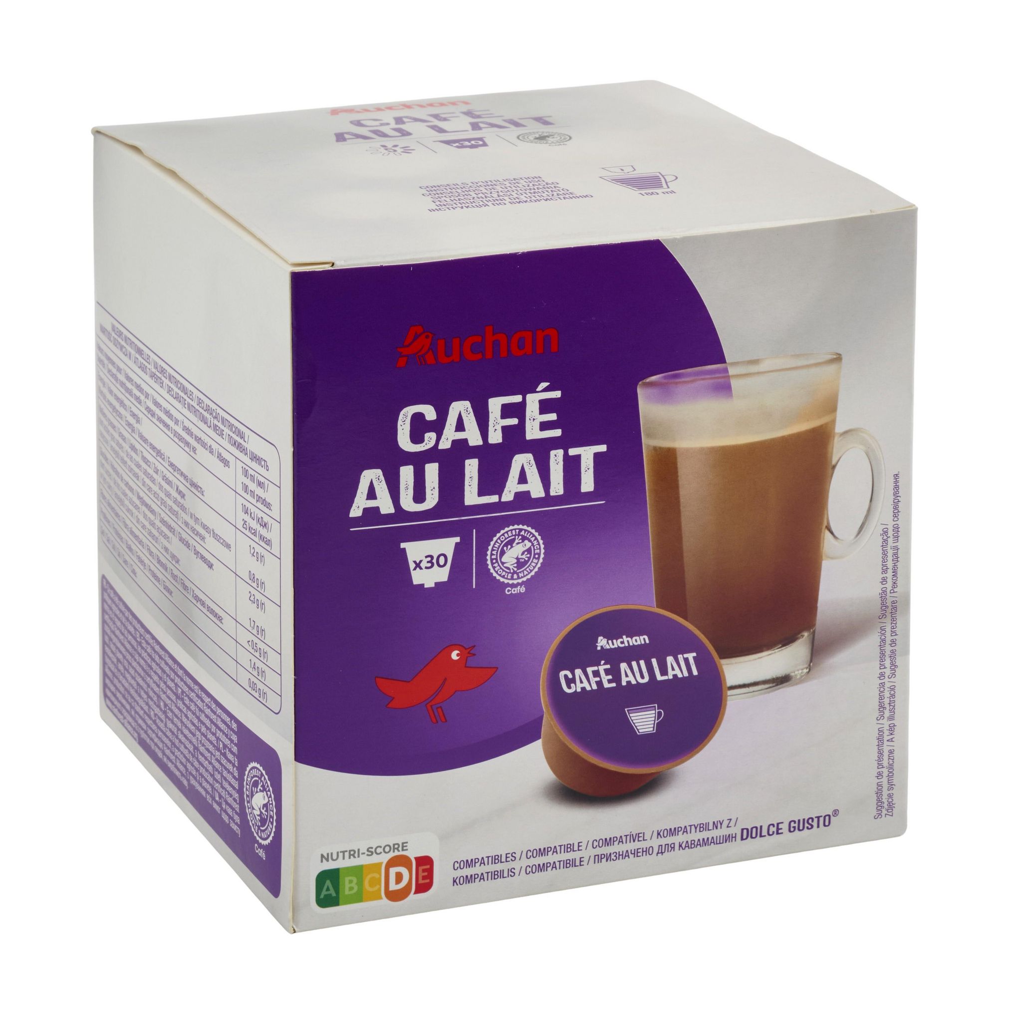 Voir la diapositive 4 : AUCHAN Capsules de café au lait compatibles Dolce Gusto 30 capsules 300g