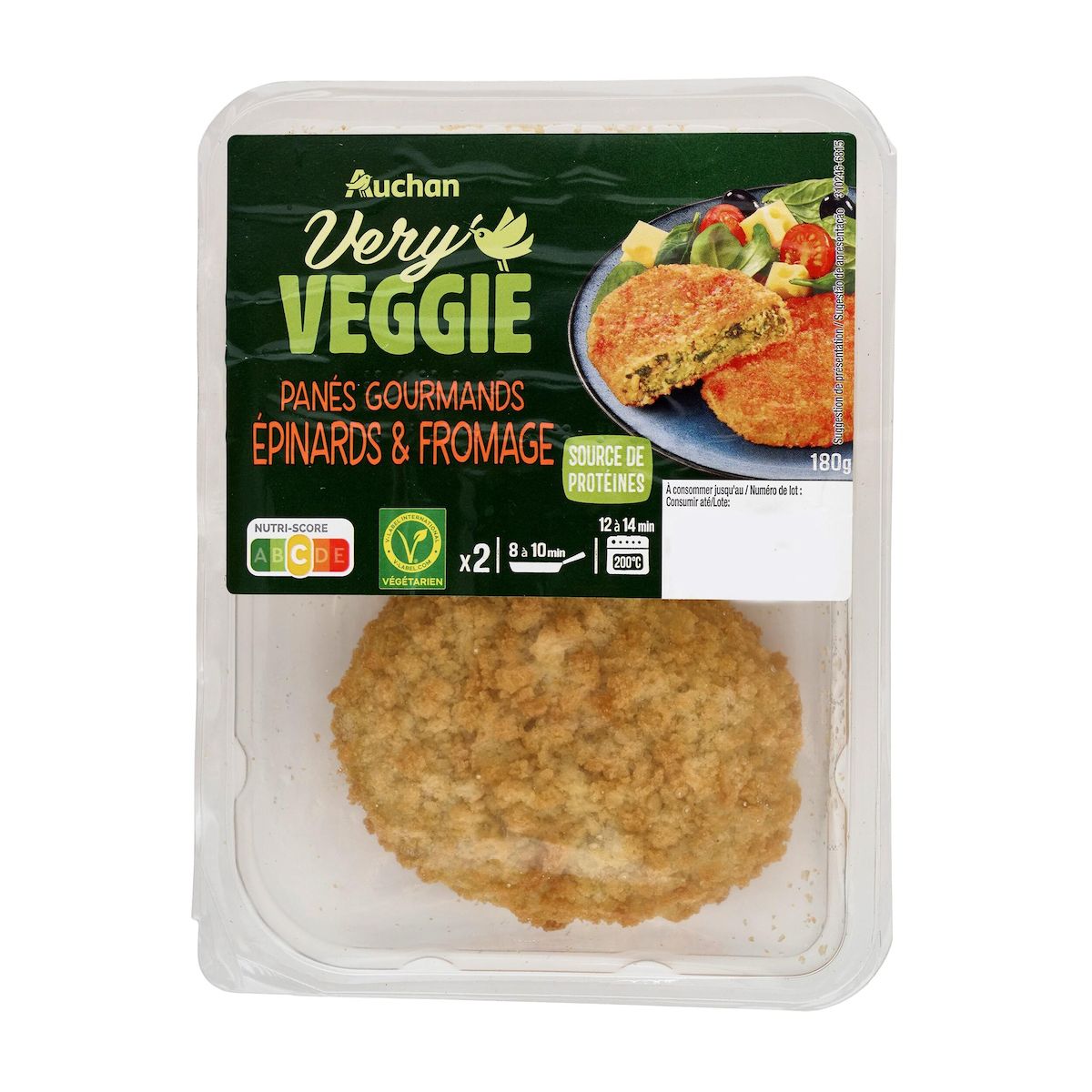 AUCHAN VERY VEGGIE Veggie panés épinard 2 pièces 180g