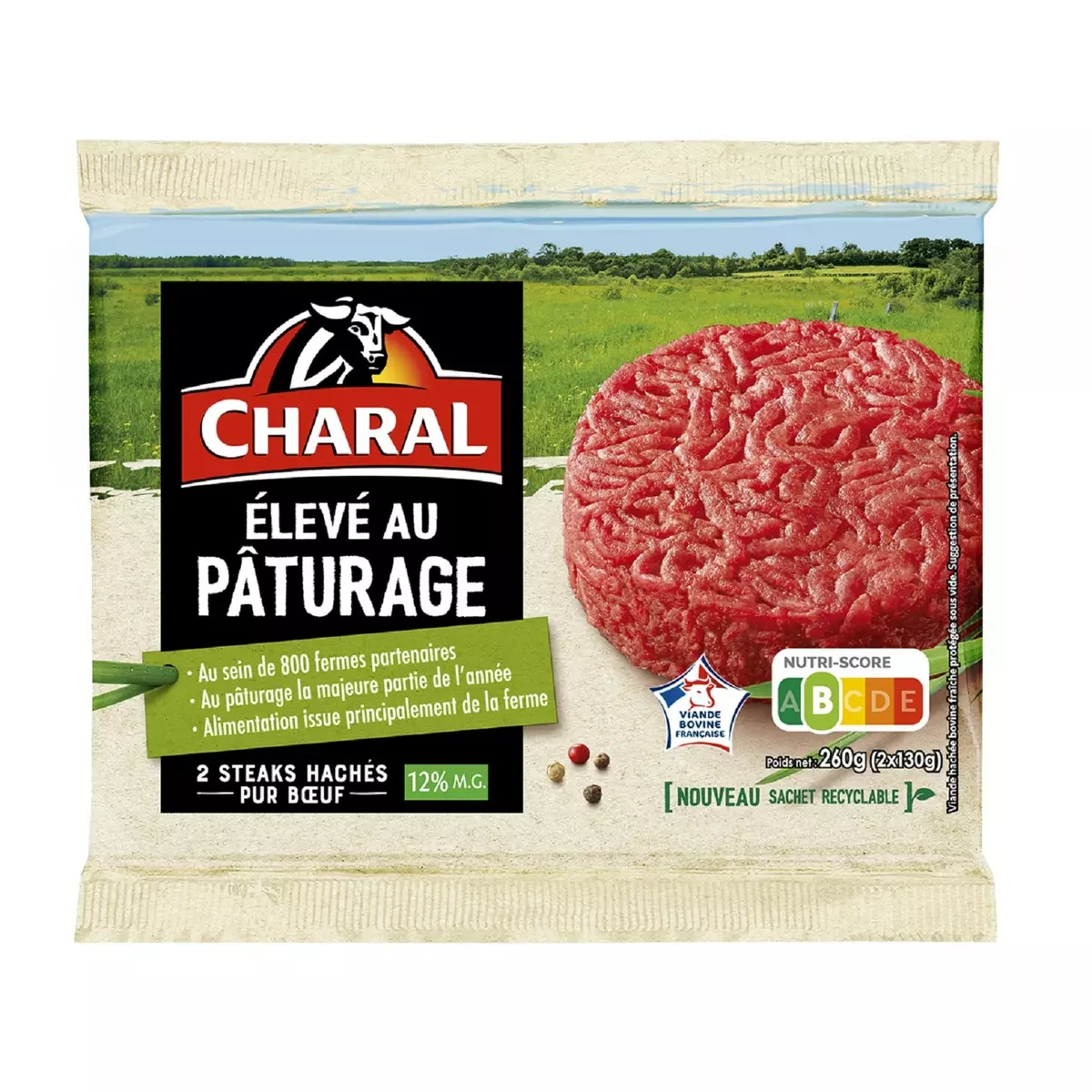 CHARAL Steaks hachés pur bœuf élevé au pâturage 12% mg 2 pièces  260g