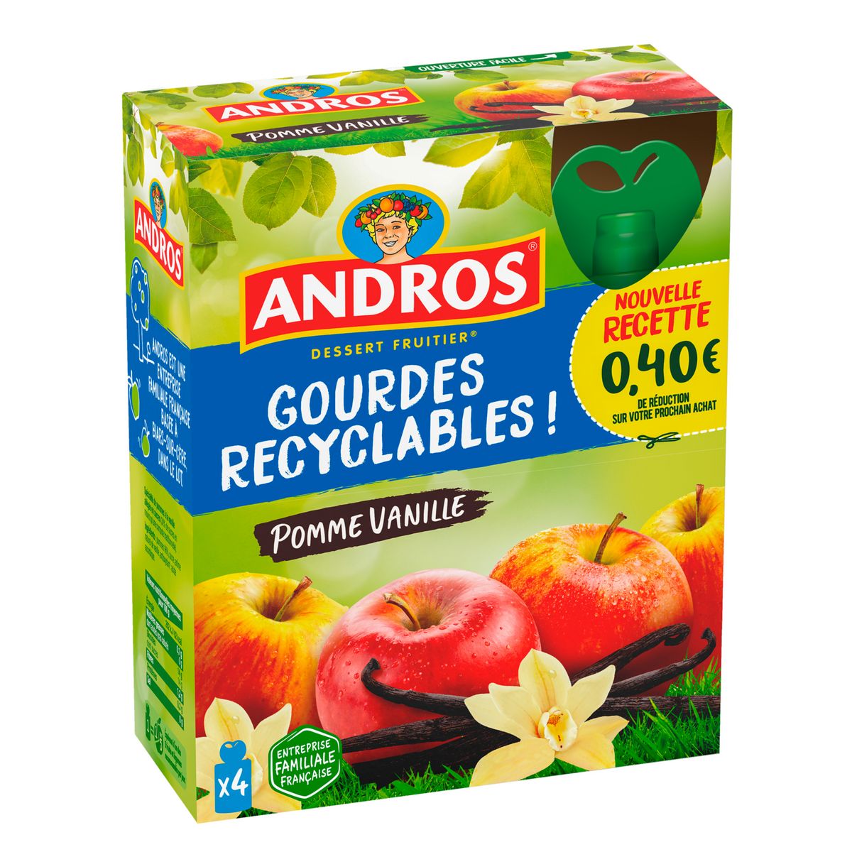 ANDROS Gourdes pomme vanille Recyclables 4 gourdes 360g
