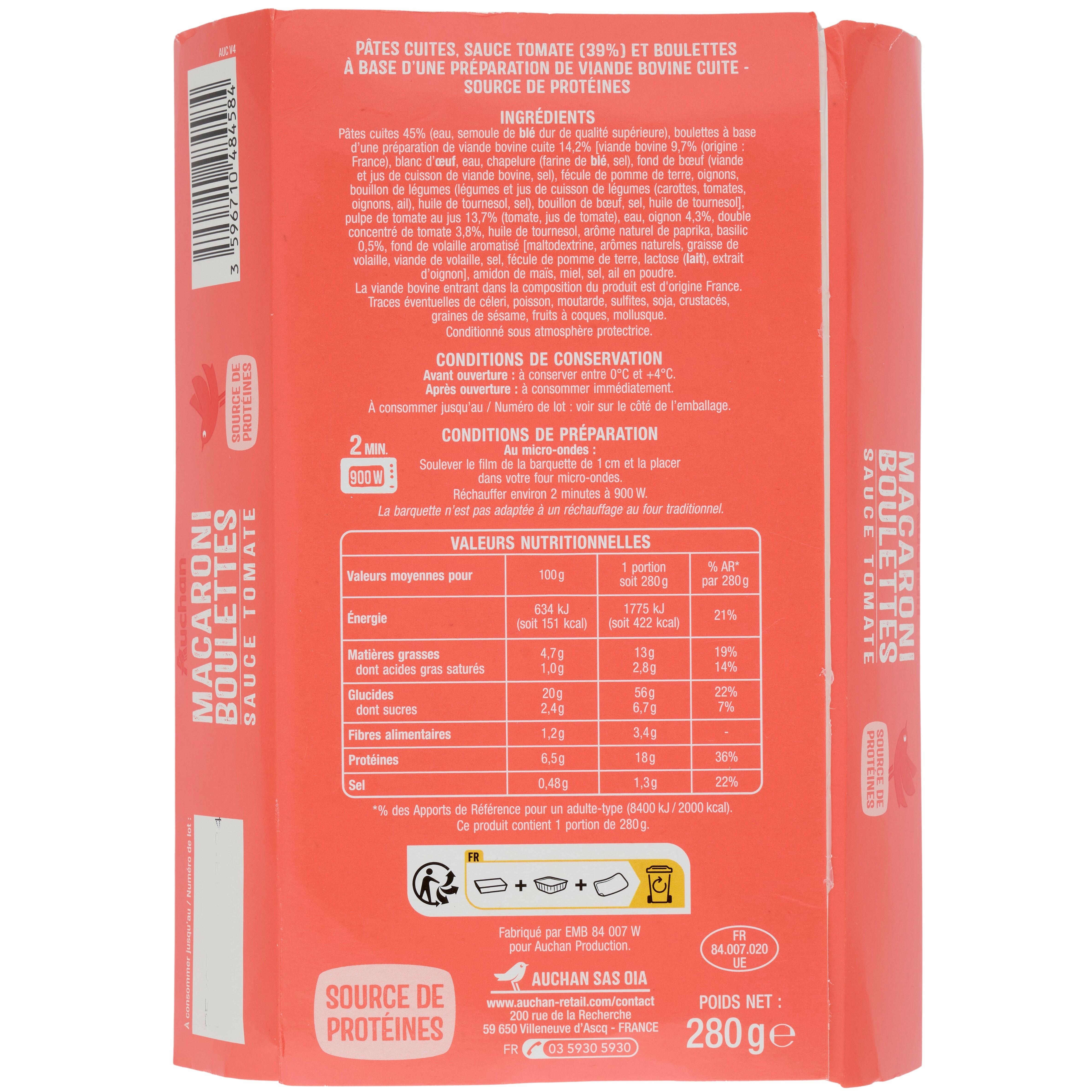 Voir la diapositive 2 : AUCHAN Macaroni boulettes de viandes sauce tomate 1 part 280g