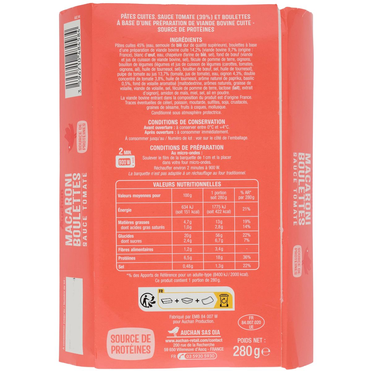 AUCHAN Macaroni boulettes de viandes sauce tomate 1 part 280g