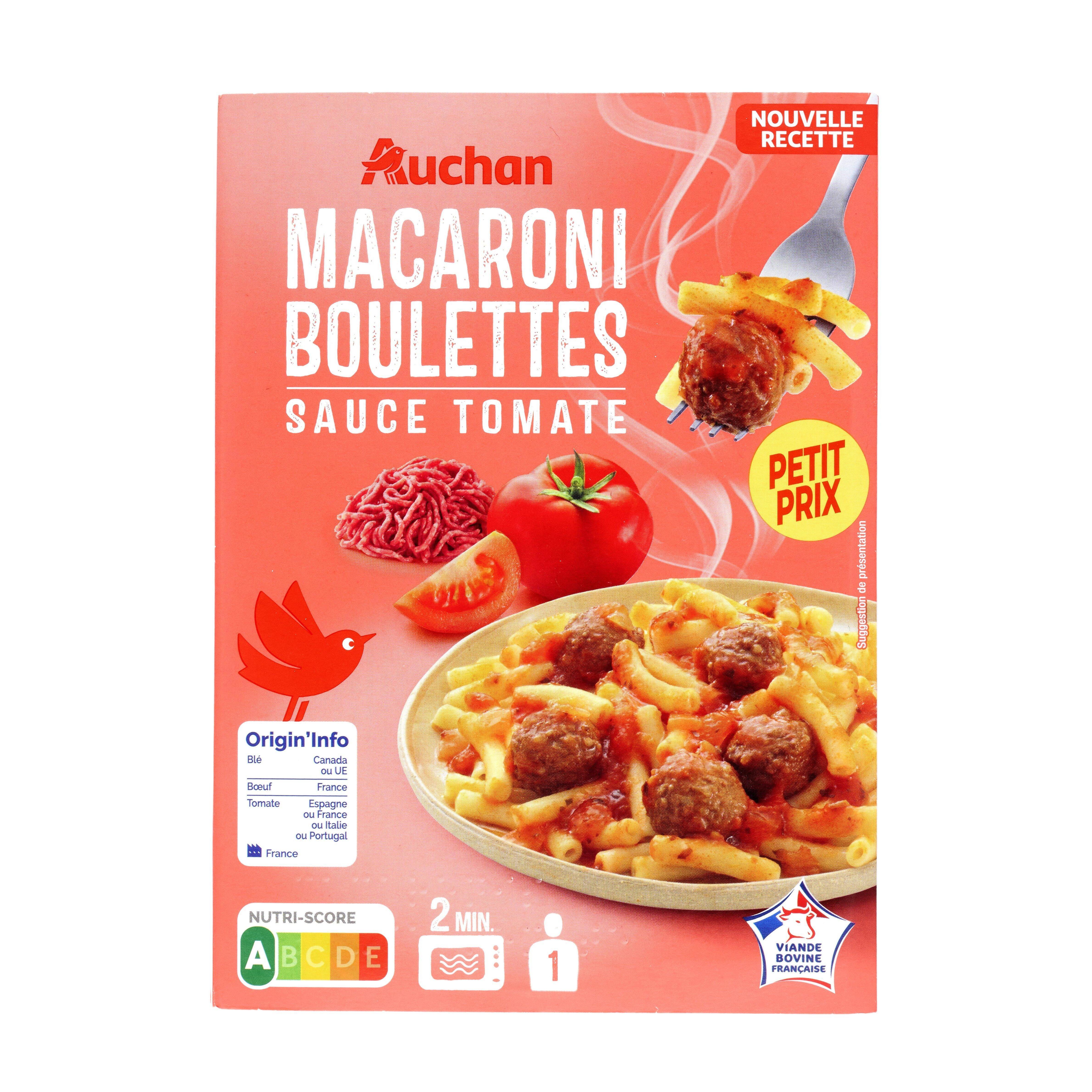 Voir la diapositive 3 : AUCHAN Macaroni boulettes de viandes sauce tomate 1 part 280g