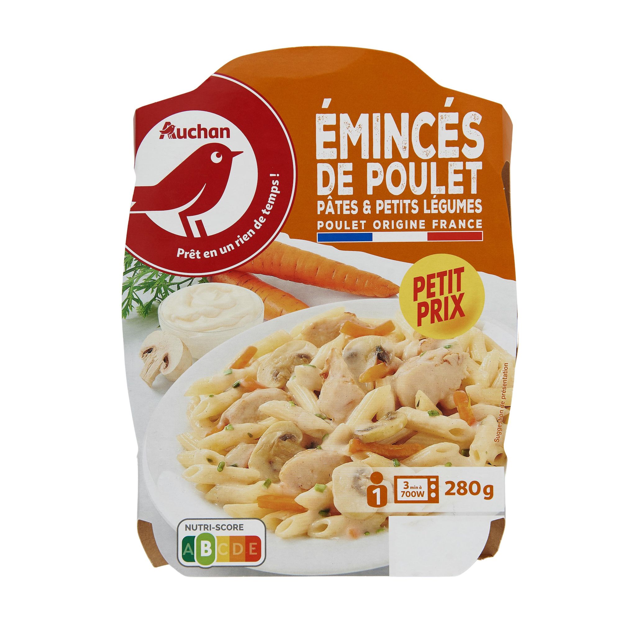 Voir la diapositive 3 : AUCHAN Emincés de poulet pâtes et petits légumes 1 part 280g