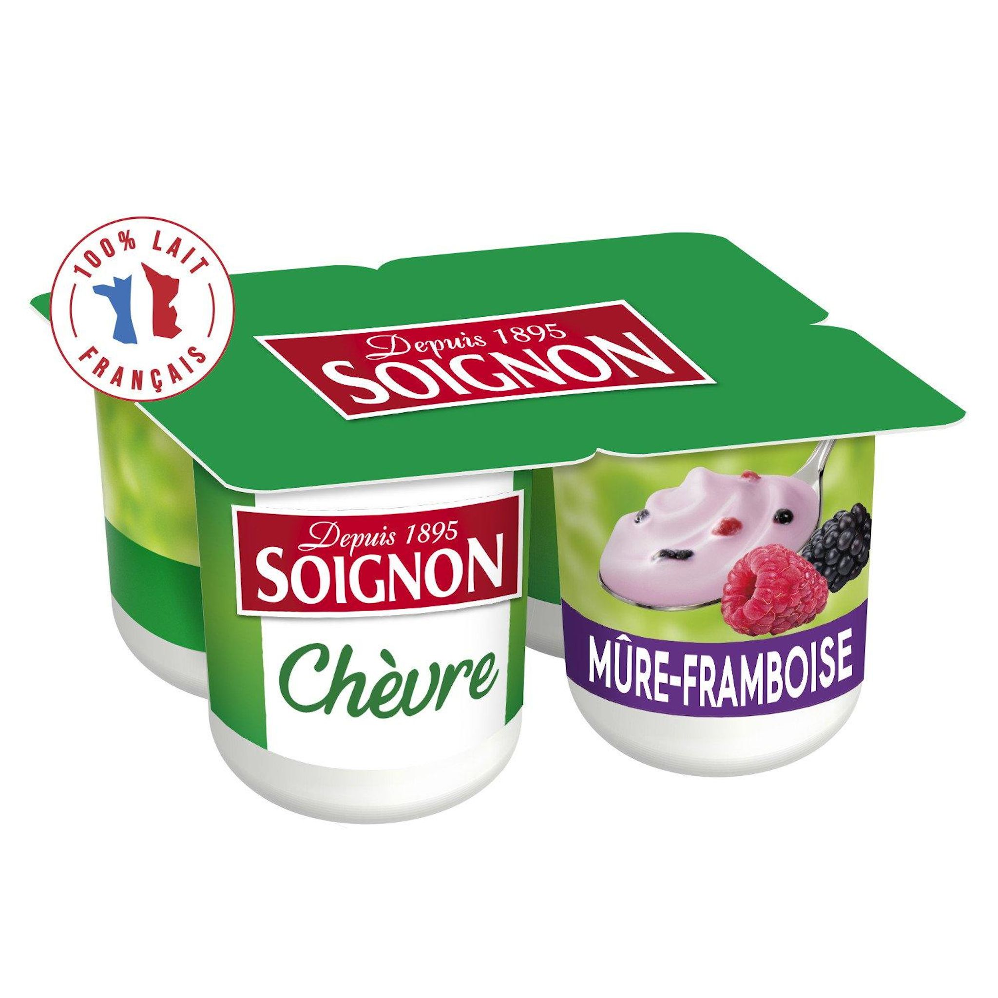 Voir la diapositive 2 : SOIGNON Yaourt aromatisé mûre framboise au lait de chèvre 4x125g