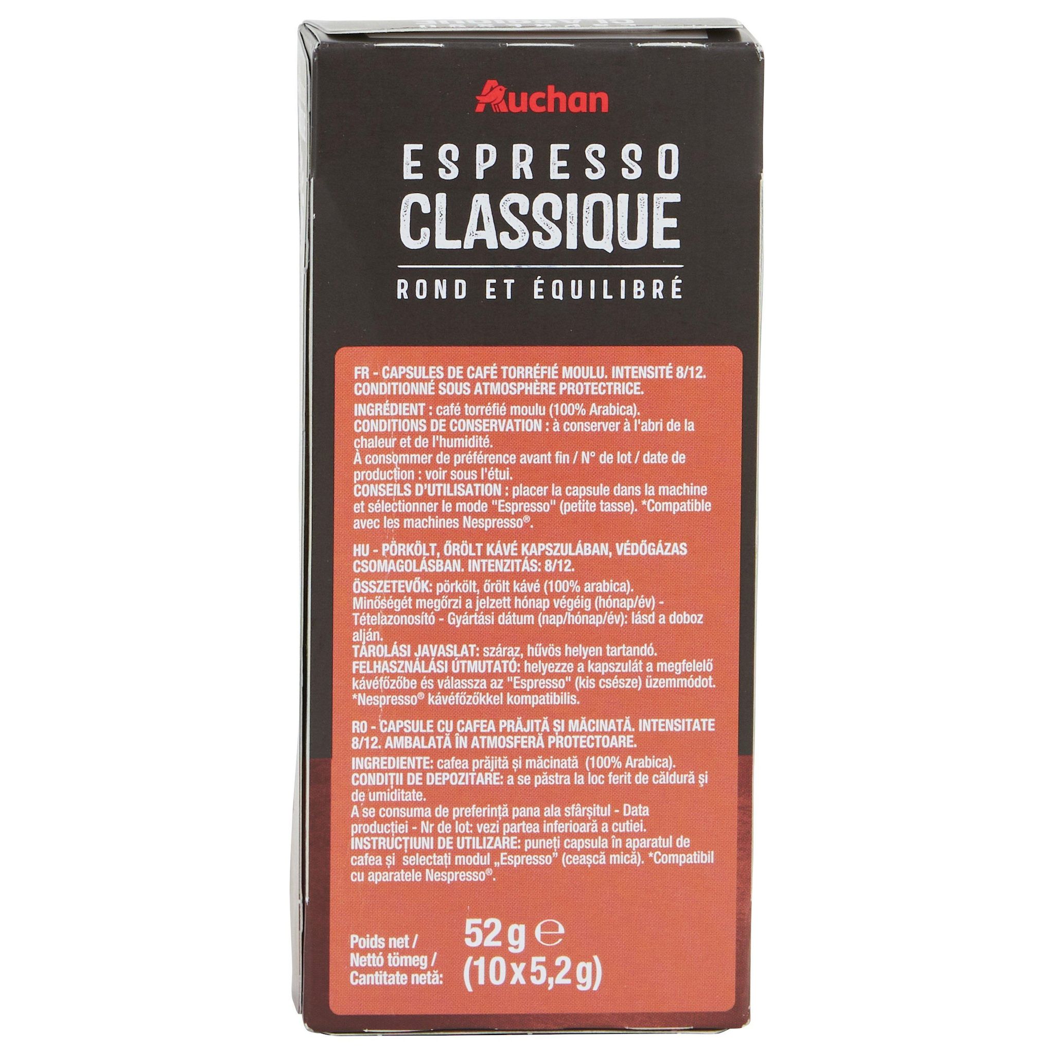 Voir la diapositive 2 : AUCHAN Capsules de café Espresso classico intensité 8 compatibles Nespresso 10 capsules 52g