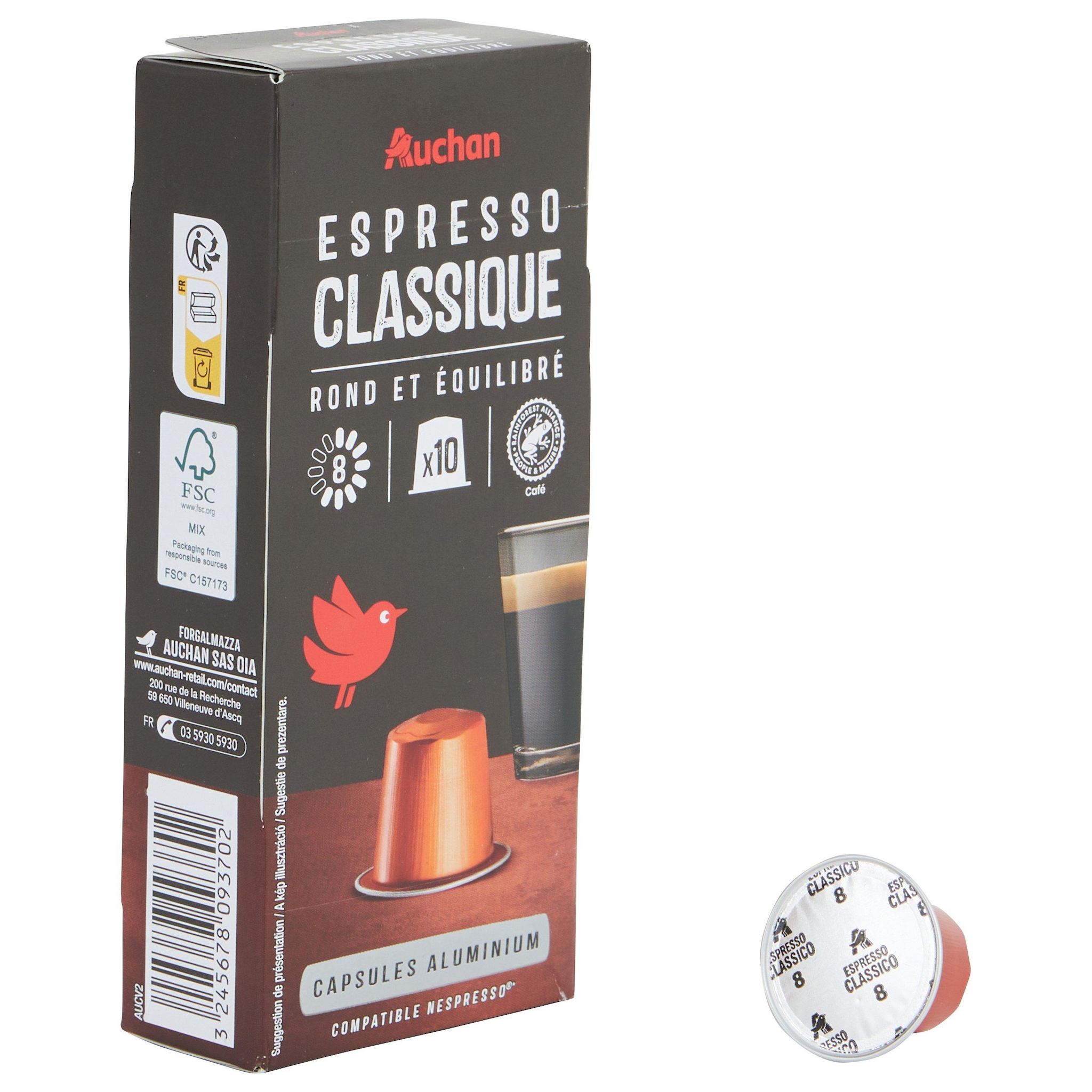 Voir la diapositive 3 : AUCHAN Capsules de café Espresso classico intensité 8 compatibles Nespresso 10 capsules 52g