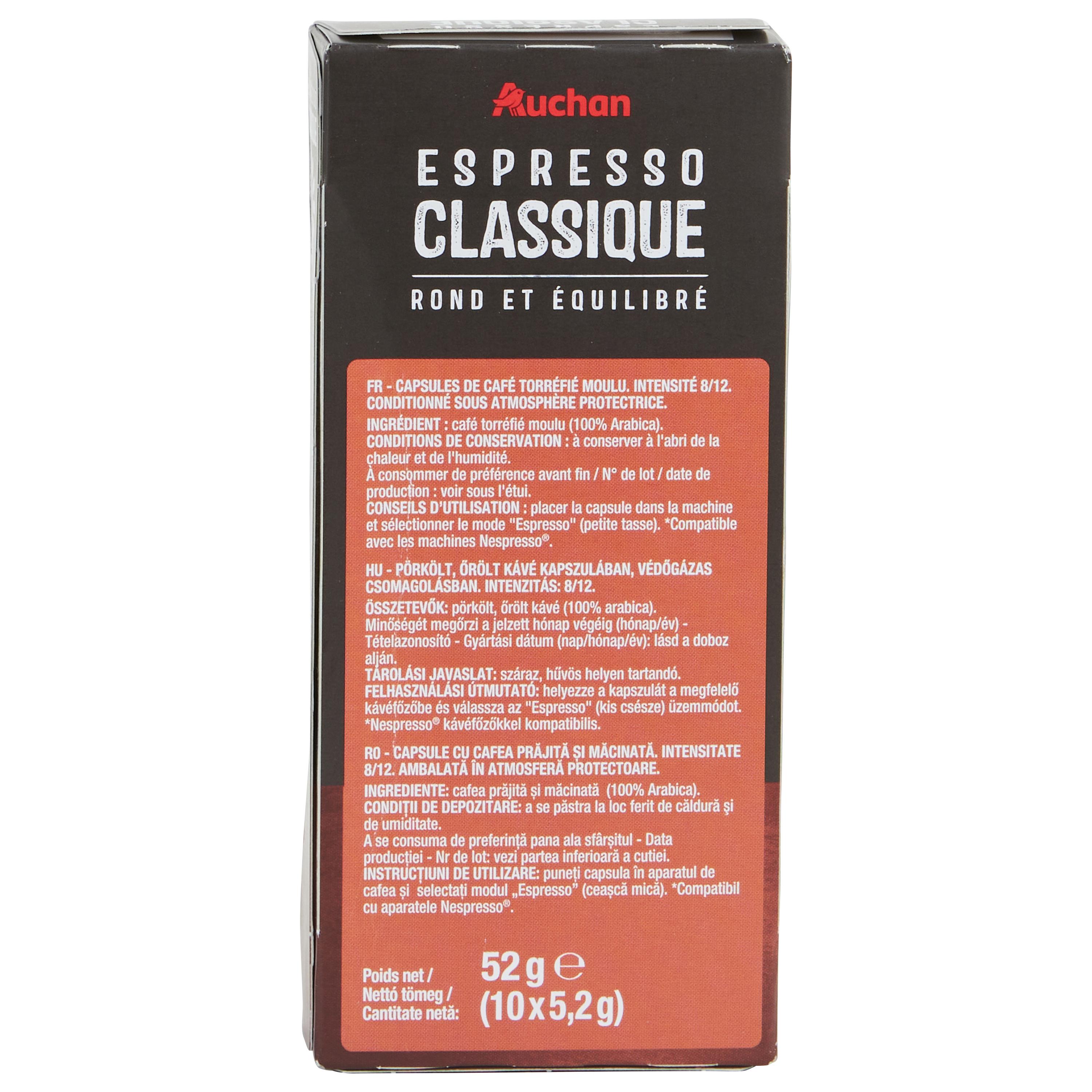 Voir la diapositive 4 : AUCHAN Capsules de café Espresso classico intensité 8 compatibles Nespresso 10 capsules 52g