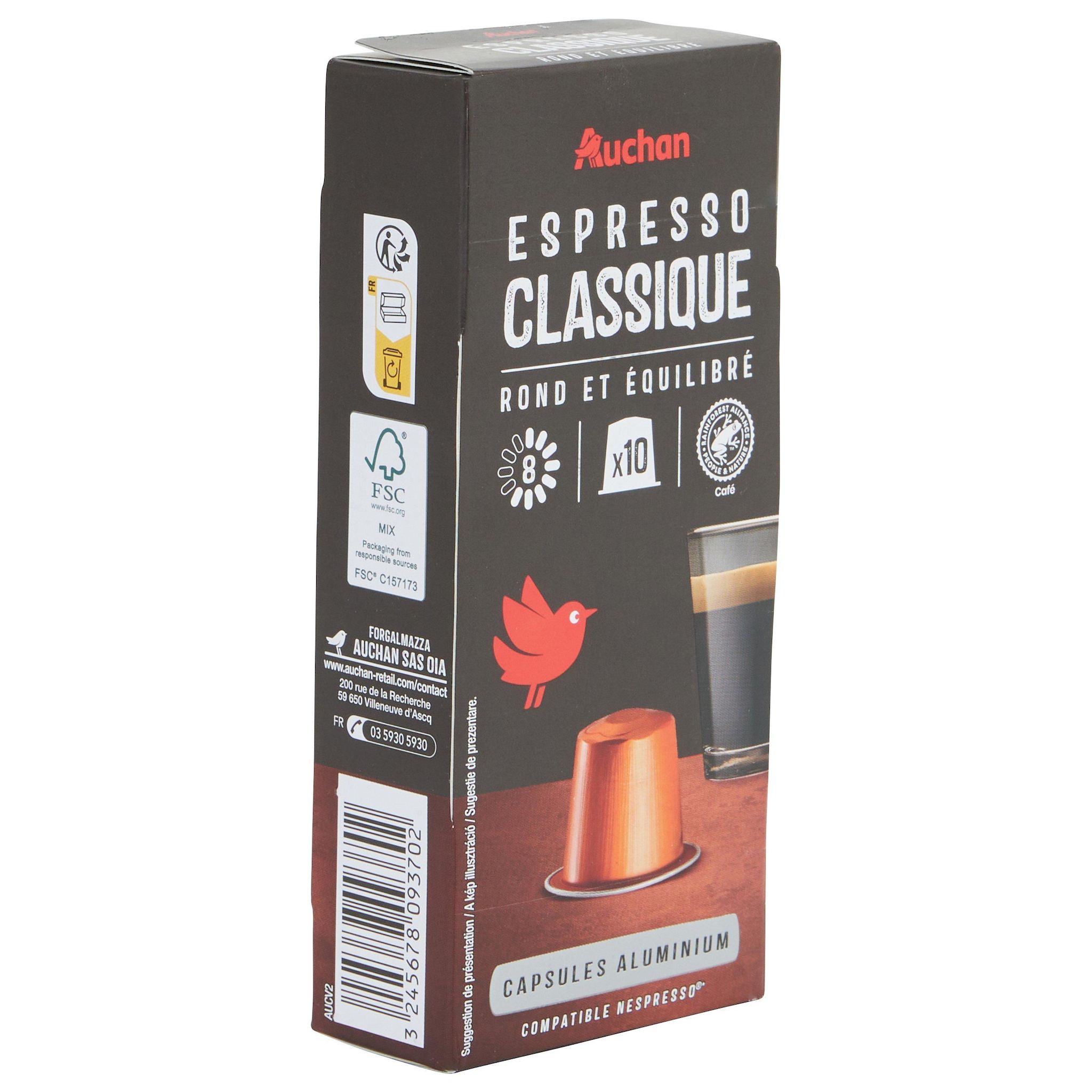 Voir la diapositive 4 : AUCHAN Capsules de café Espresso classico intensité 8 compatibles Nespresso 10 capsules 52g