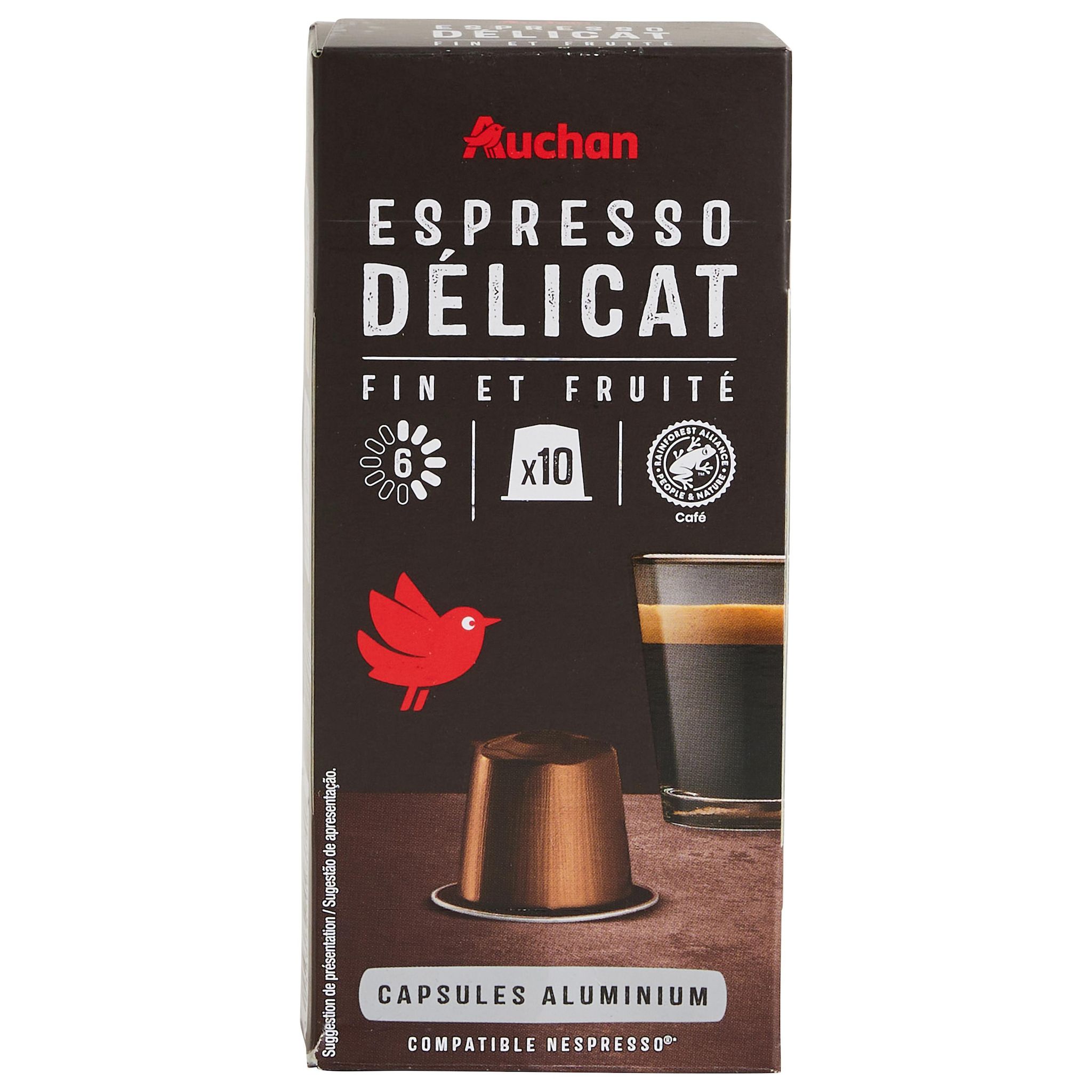 Voir la diapositive 2 : AUCHAN Capsules de café Espresso intensité 6 compatibles Nespresso 10 capsules 52g