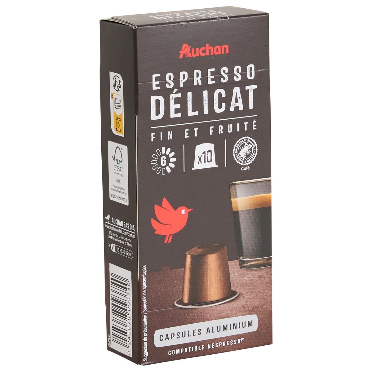 AUCHAN Capsules de café Espresso intensité 6 compatibles Nespresso 10 capsules 52g
