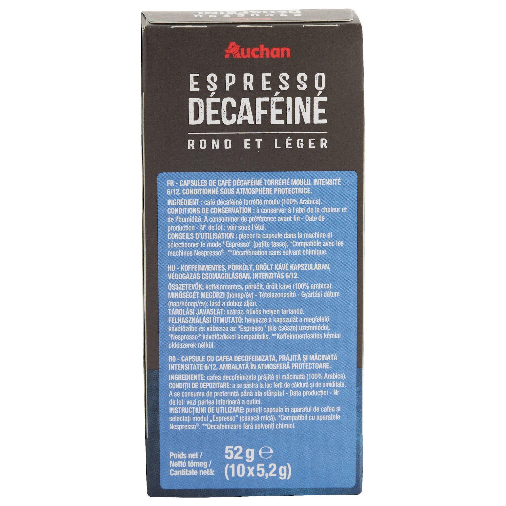 Voir la diapositive 2 : AUCHAN Capsules de café Espresso décaféiné intensité 6 compatibles Nespresso 10 capsules 52g