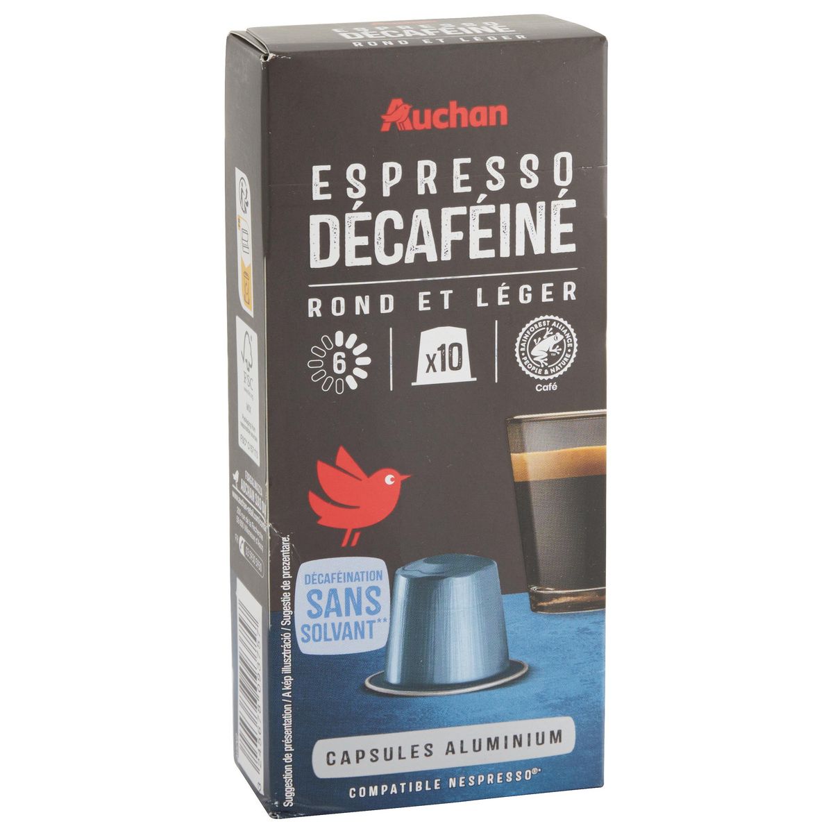 AUCHAN Capsules de café Espresso décaféiné intensité 6 compatibles Nespresso 10 capsules 52g