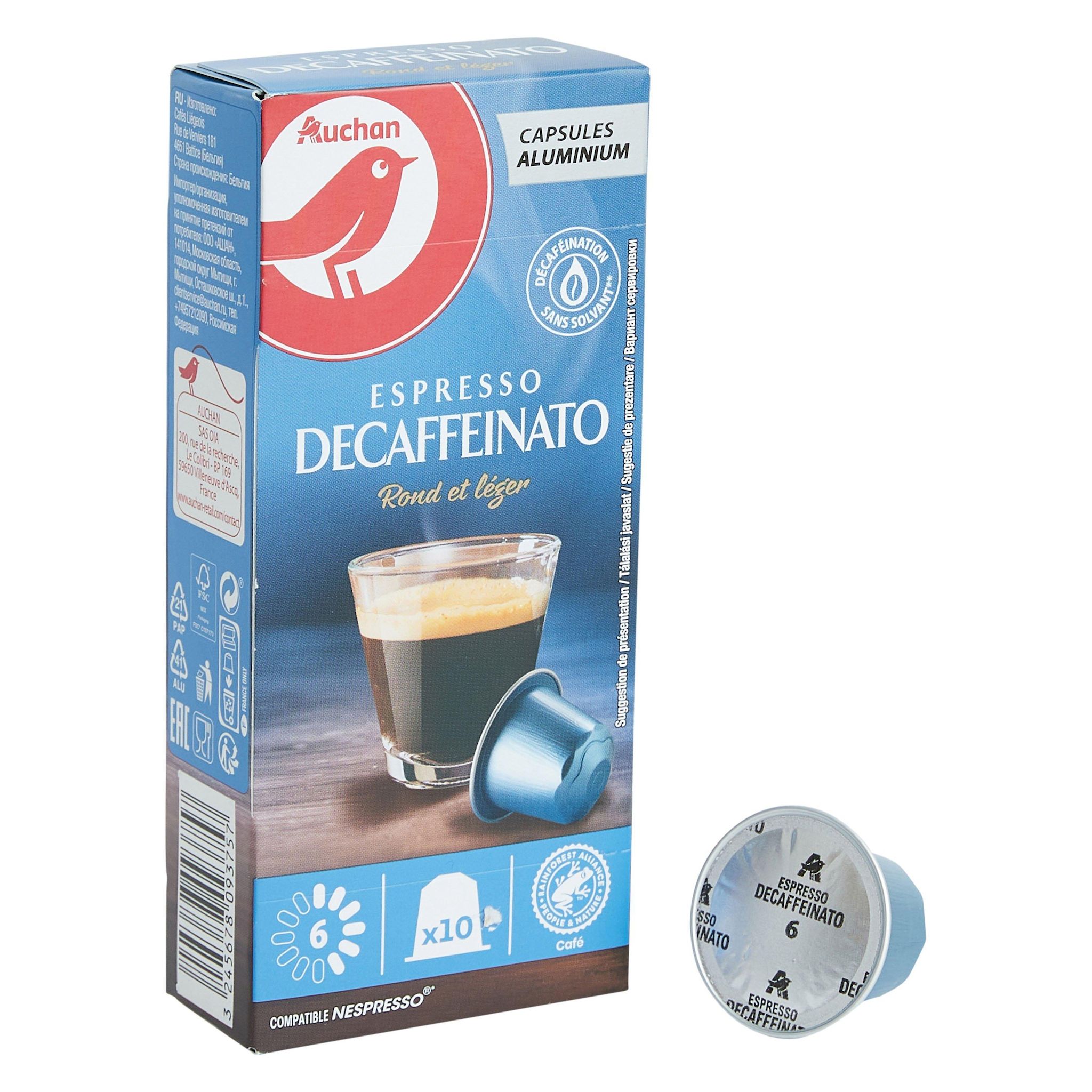 Voir la diapositive 4 : AUCHAN Capsules de café Espresso décaféiné intensité 6 compatibles Nespresso 10 capsules 52g