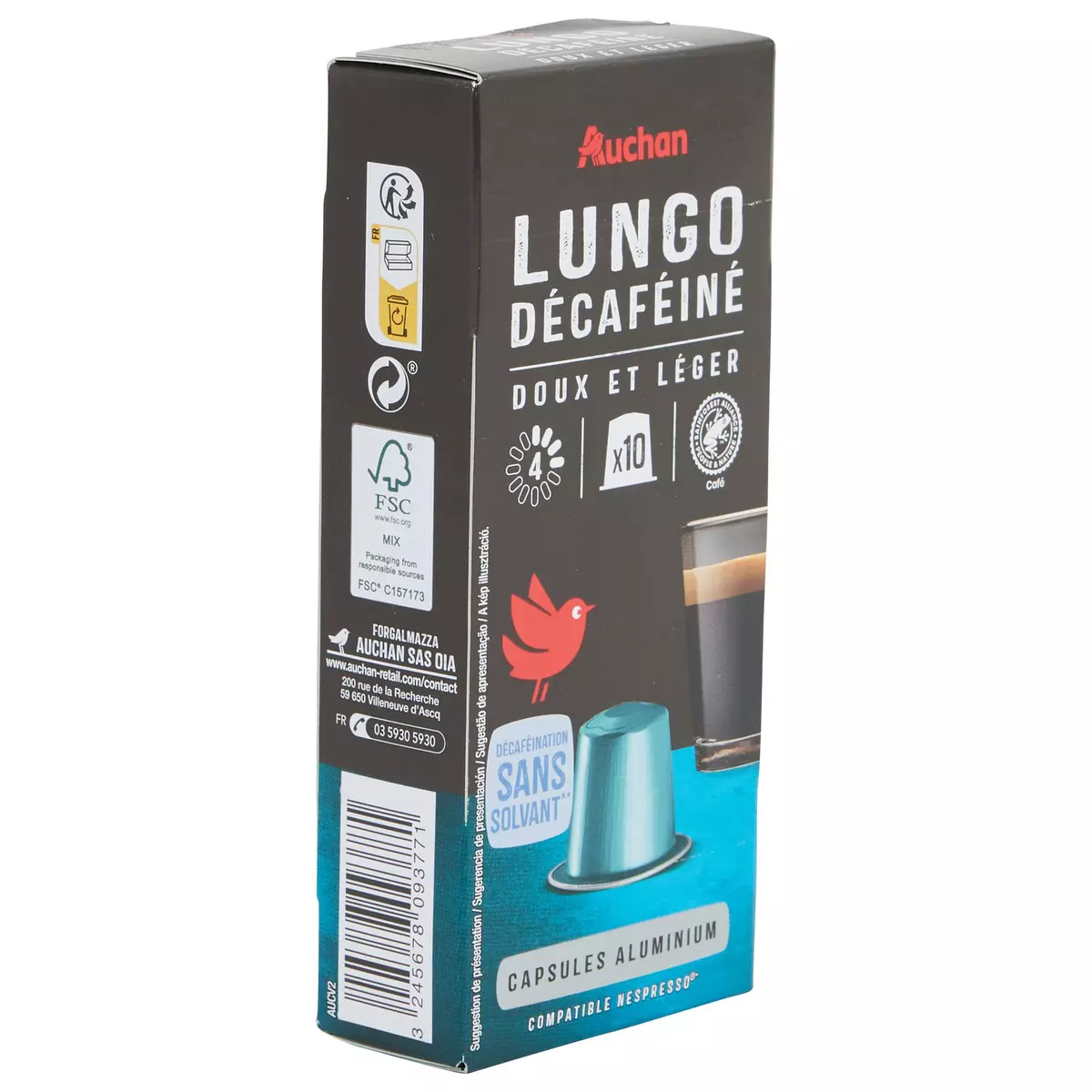 AUCHAN Capsules de café Lungo décaféiné doux et léger intensité 4 compatibles Nespresso 10 capsules 52g