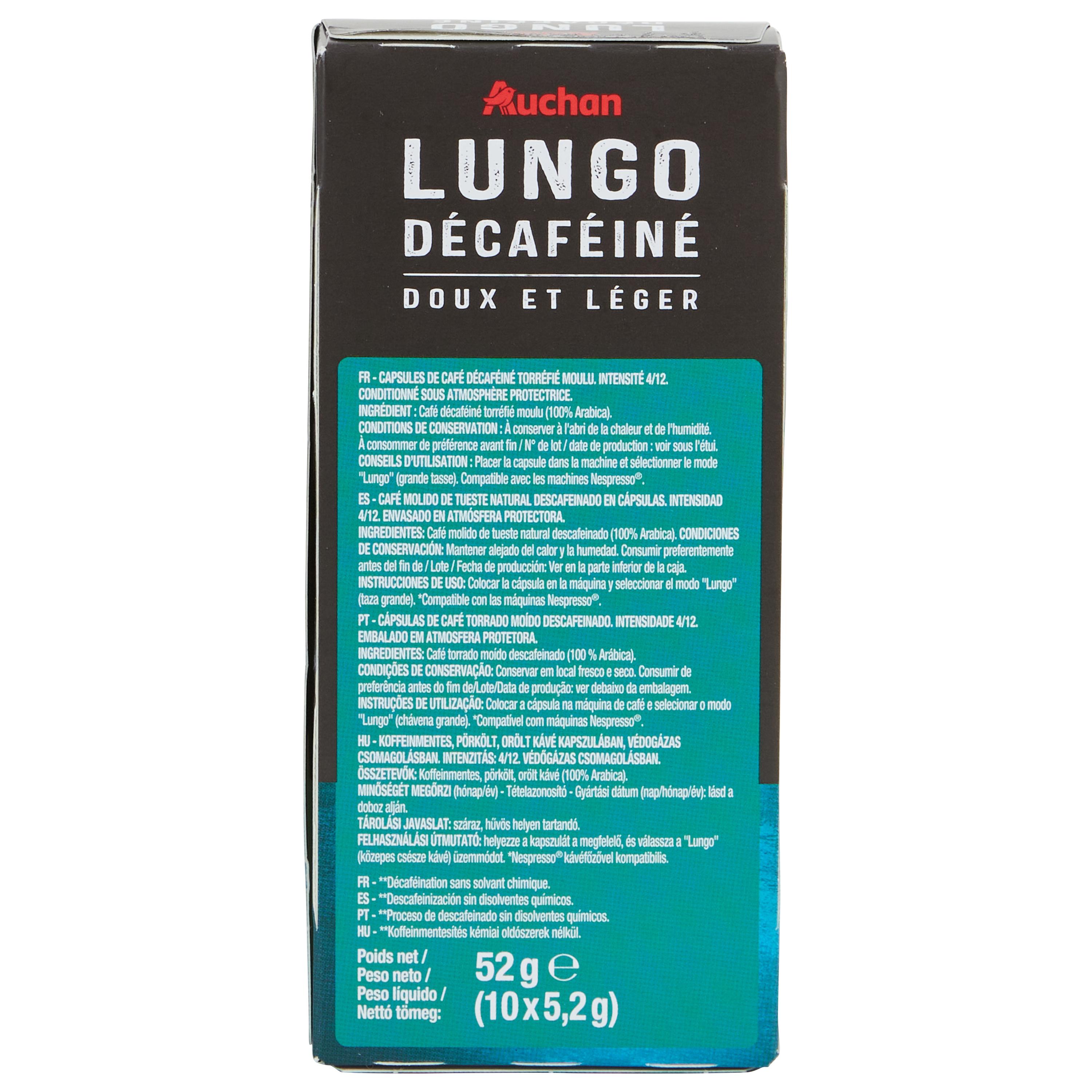 Voir la diapositive 2 : AUCHAN Capsules de café Lungo décaféiné intensité 4 compatibles Nespresso 10 capsules 52g