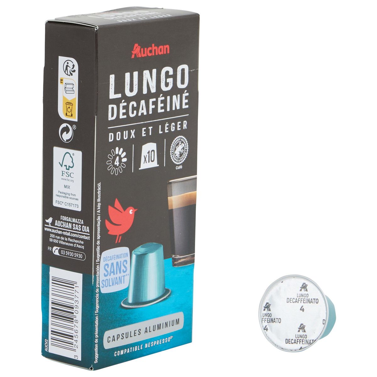 AUCHAN Capsules de café Lungo décaféiné intensité 4 compatibles Nespresso 10 capsules 52g